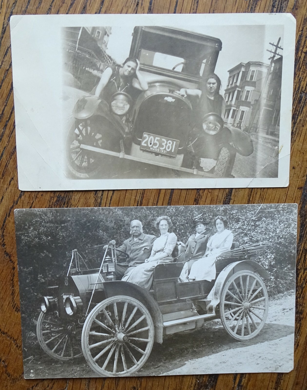 1915 Lyme NH postcard of family in automobile + 1921 Mass. Photo of girls & auto