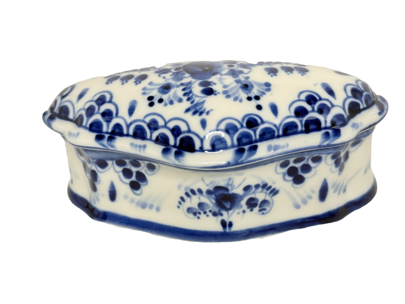Blue White Covered Trinket Dish GZhel Russia Handpainted Hand Made