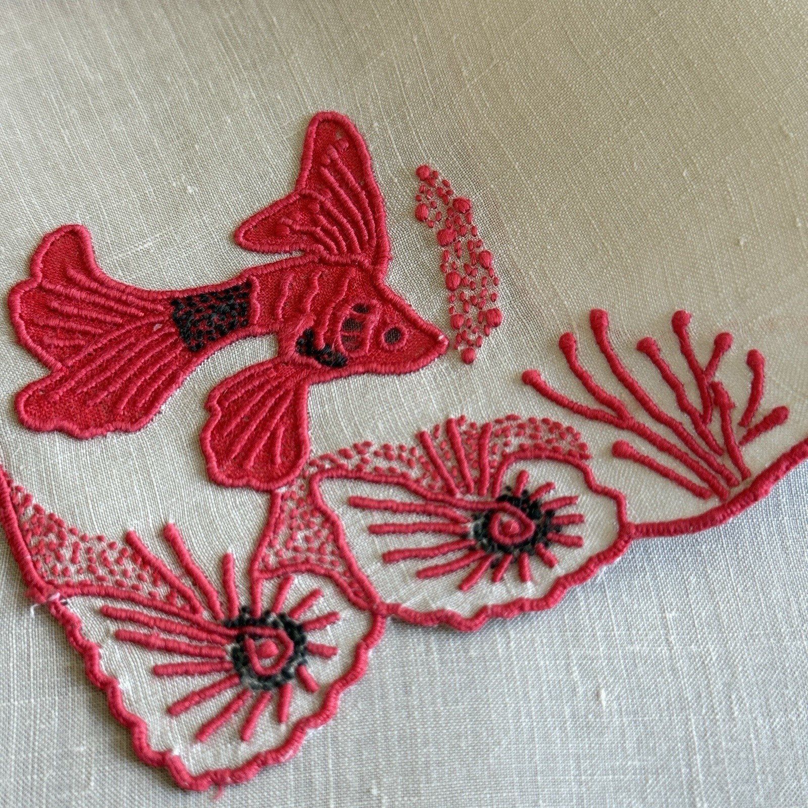 Vintage Cocktail Napkins Marghab Madeira Tropical Fish Embroidered Set of 8 Red