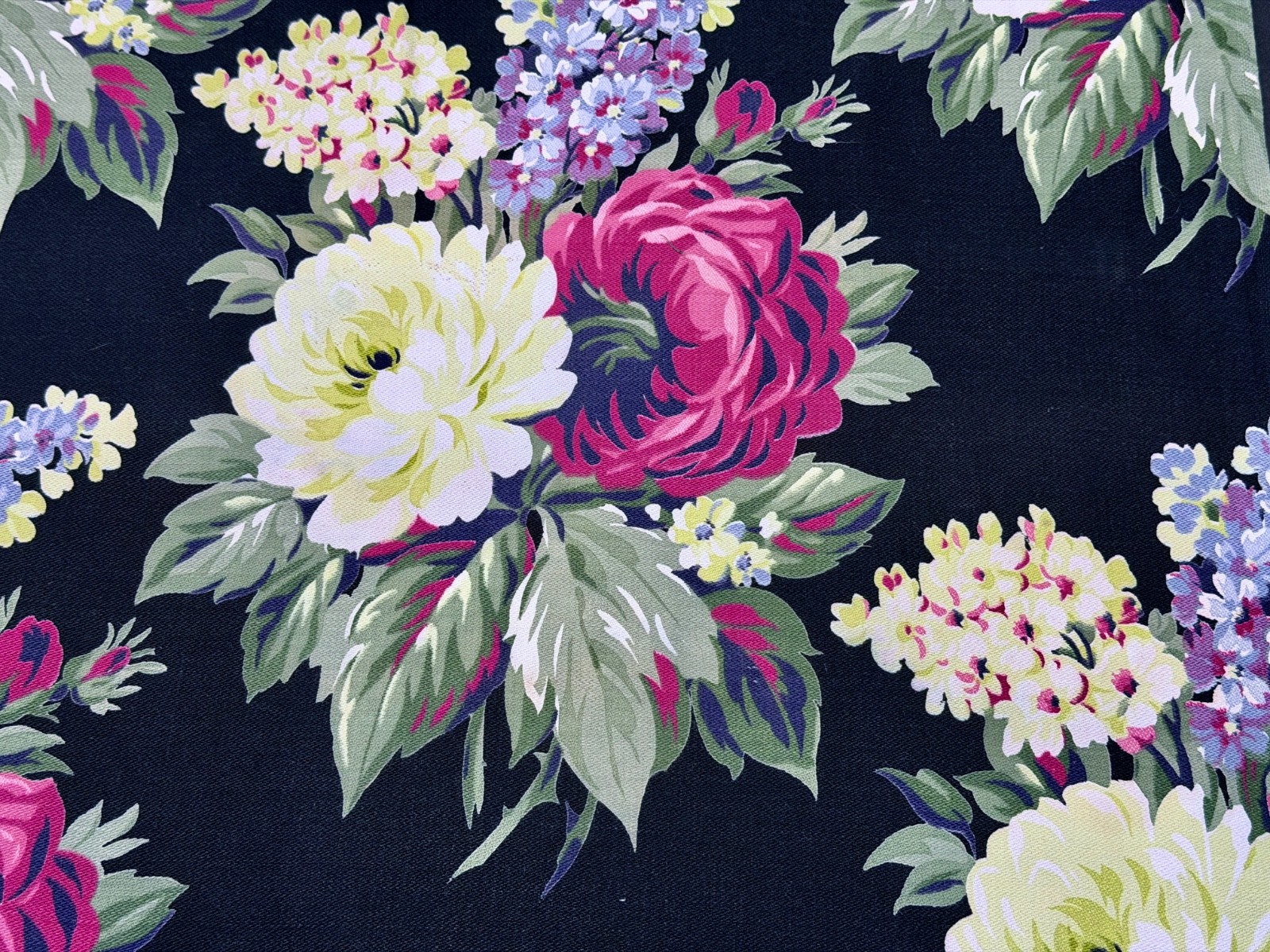 1930’s Glammy Hollywood Regency Purple ROSES on BLACK Barkcloth Vintage Fabric