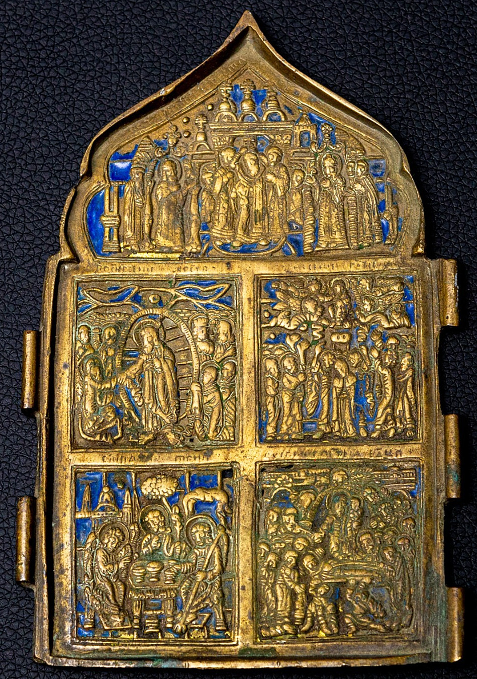 Antique Russian Orthodox Bronze Enamel Triptych St Nicholas Icon 19th Century 5