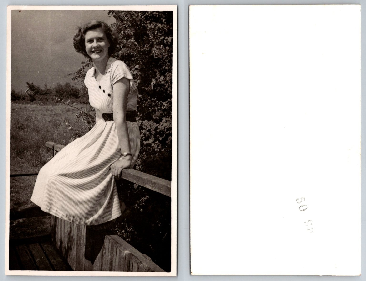 1950s RPPC Smiling Woman Striped Dress Fashion Candid Photo Postcard