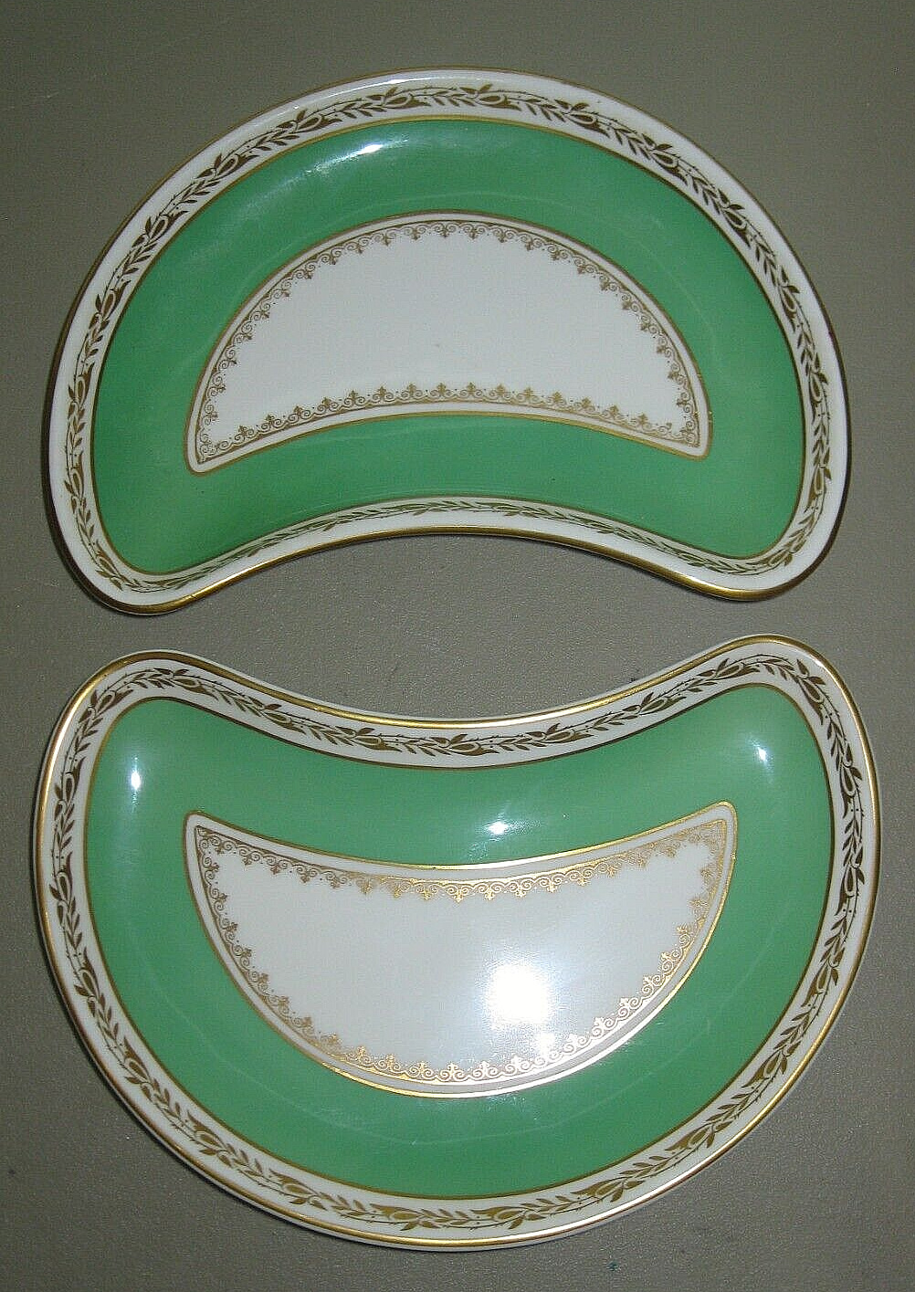 Antique 2 English Mintons China Bone Dishes Green & White With Gold Trim