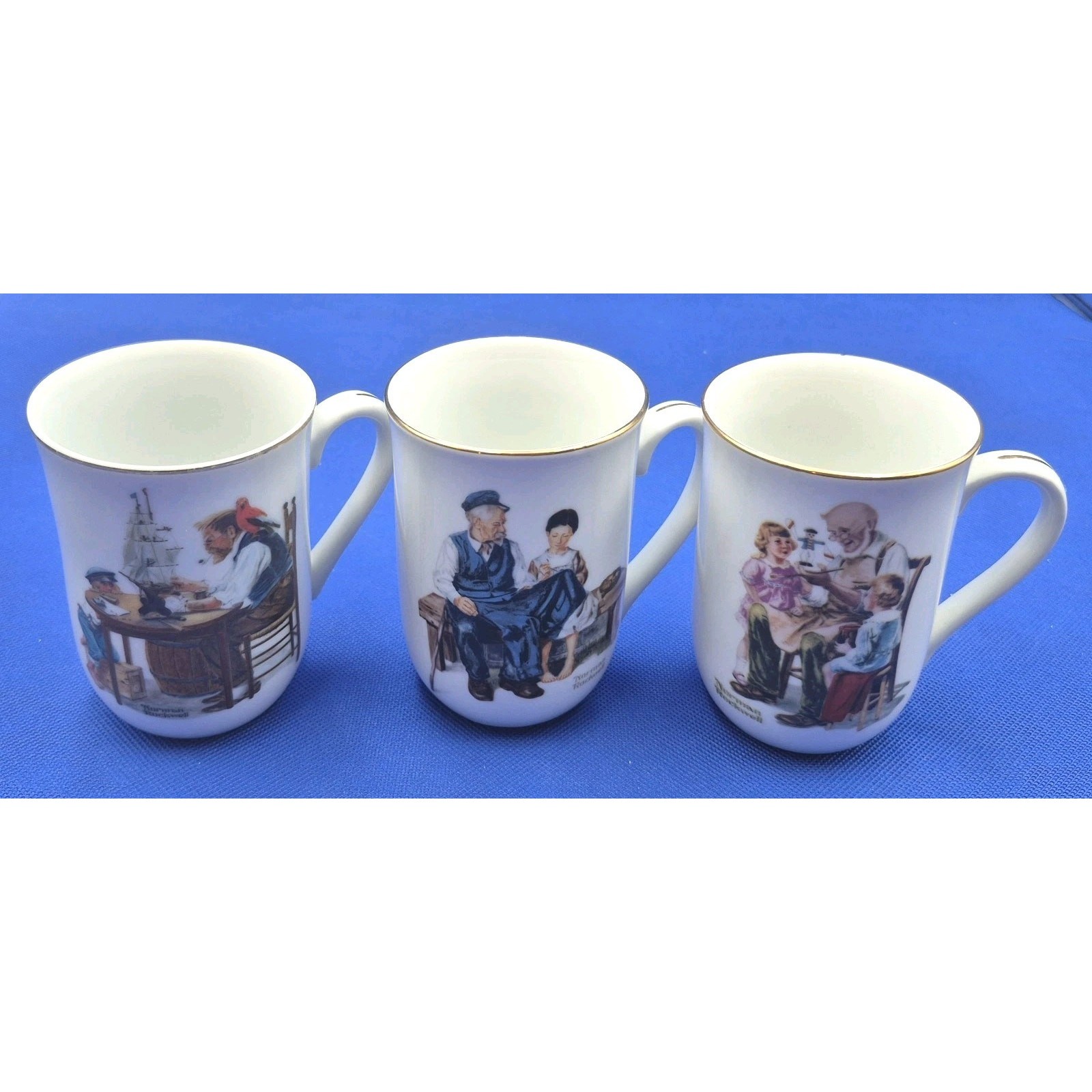 Three Vintage Norman Rockwell Museum Mugs Gold Trim 9oz Made in Japan