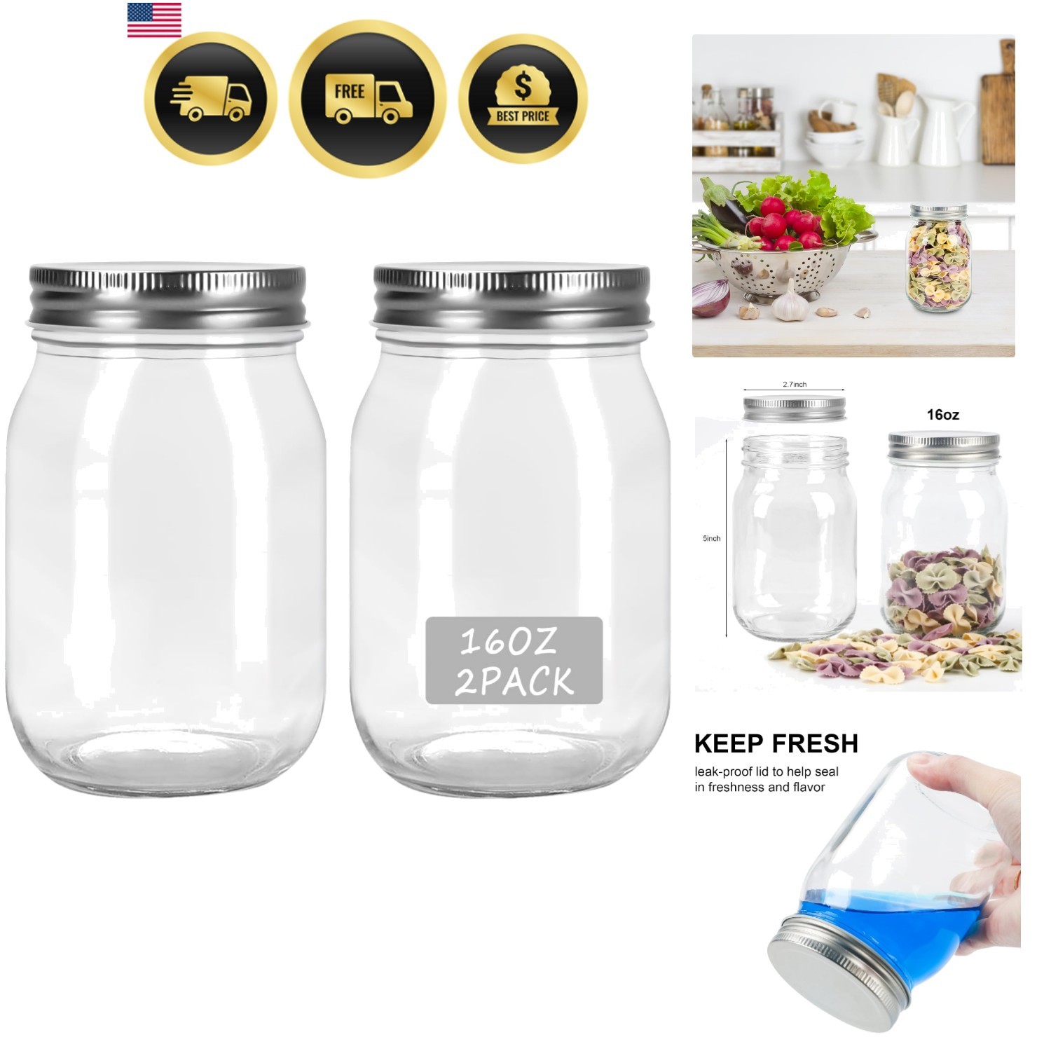 Glass Mason Jars 16oz Clear Set for Food Storage and DIY Projects