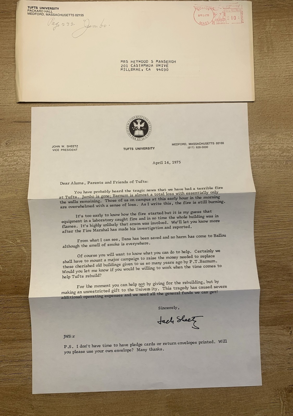 1975 Tufts University Barnum Hall Fire Letter Jumbo Printed Facsimile