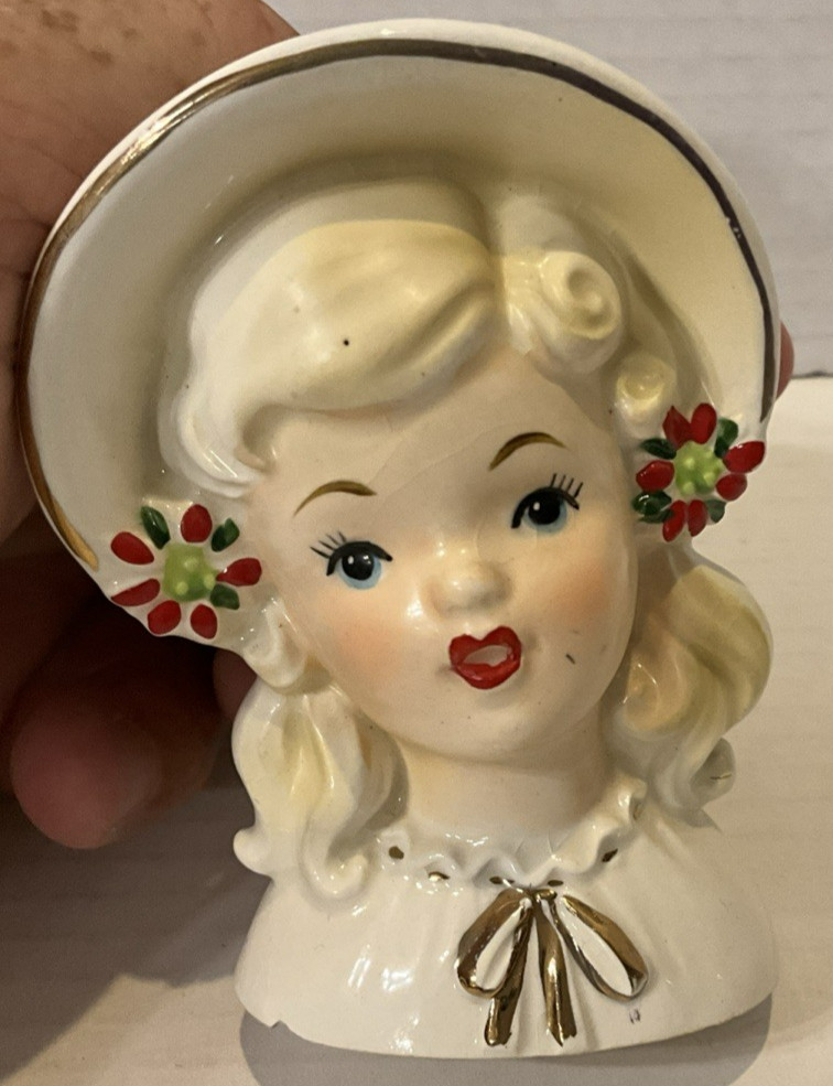 Vintage 1964 Inarco E1274 Christmas Girl Head Vase Poinsettia Chipped Base
