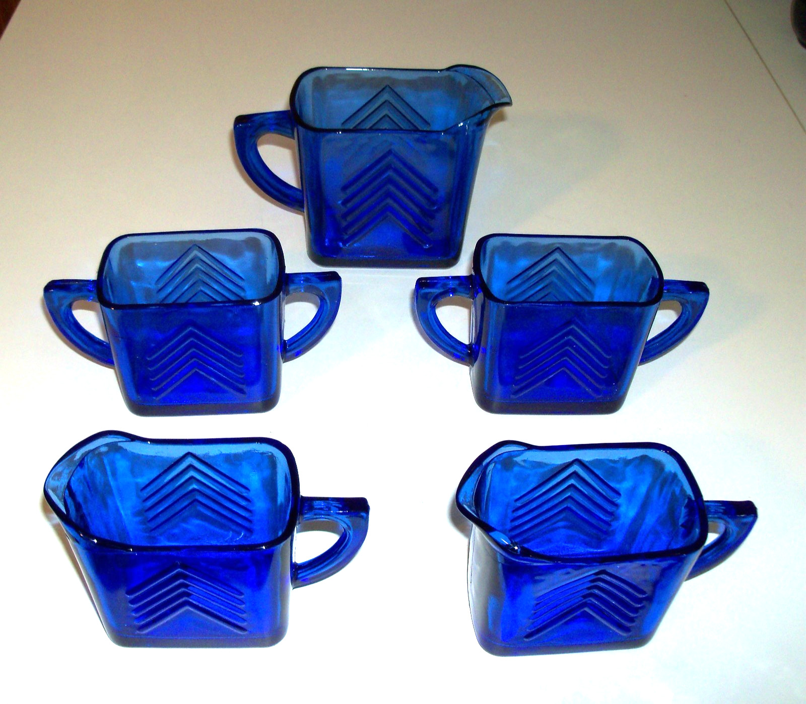 Cobalt Blue Hazel Atlas Chevron/Ritz 12-ounce Pitcher & 2 Creamer/Sugar Sets