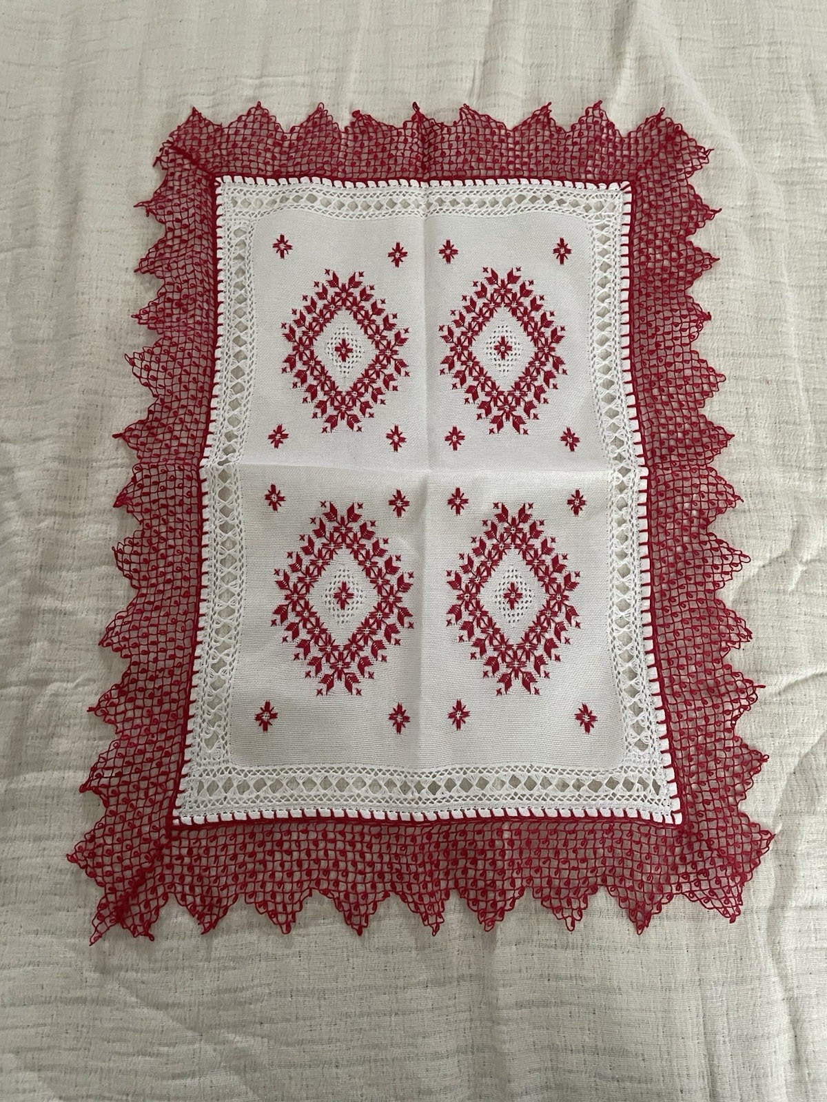 VTG 50’s Hand Embroidered Doily Hungary Cross Stitch Table Runner Red Crochet