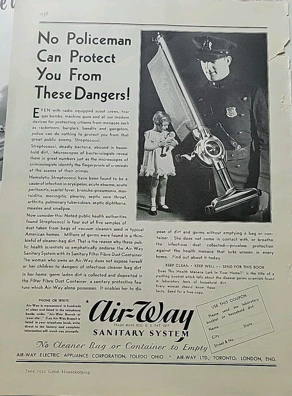 1932 Air-way Sanitary system vacuum cleaner.No policeman can protect Vintage ad
