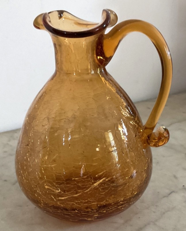 Vintage Amber Crackle Glass Pitcher w/Handle 6.5”