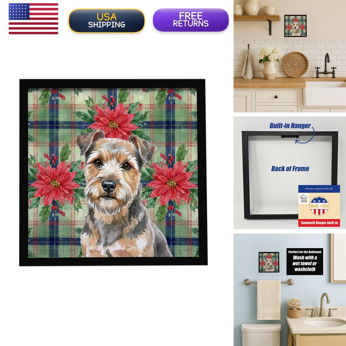 Caroline\'s Treasures Norfolk Terrier Christmas Poinsettias Framed Metal Print