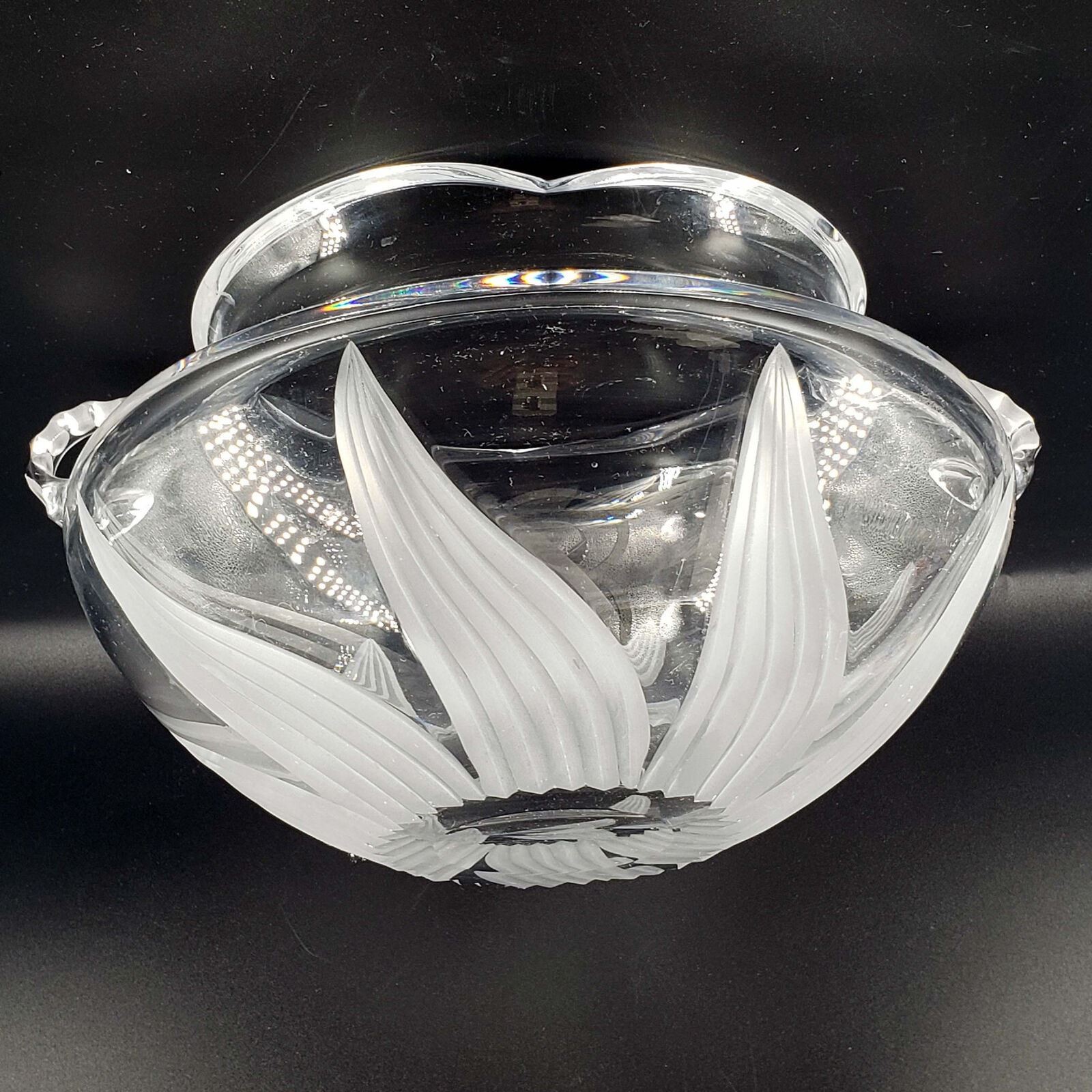 Vintage Cut Crystal Bowl Vase Dish w/handles Art Deco Style Large Heavy