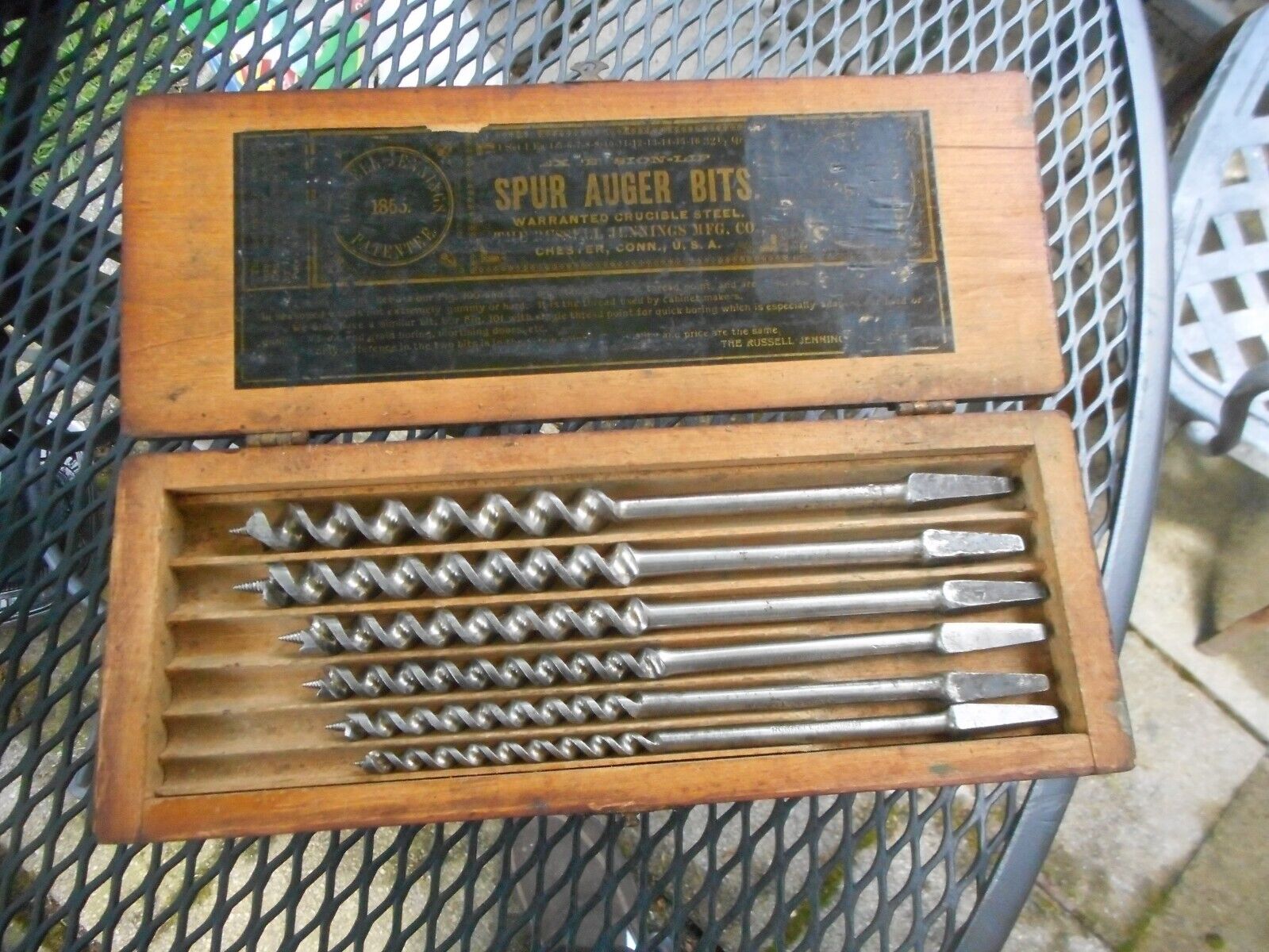 Vintage Russell Jennings 13 piece auger bit set with three tiered box