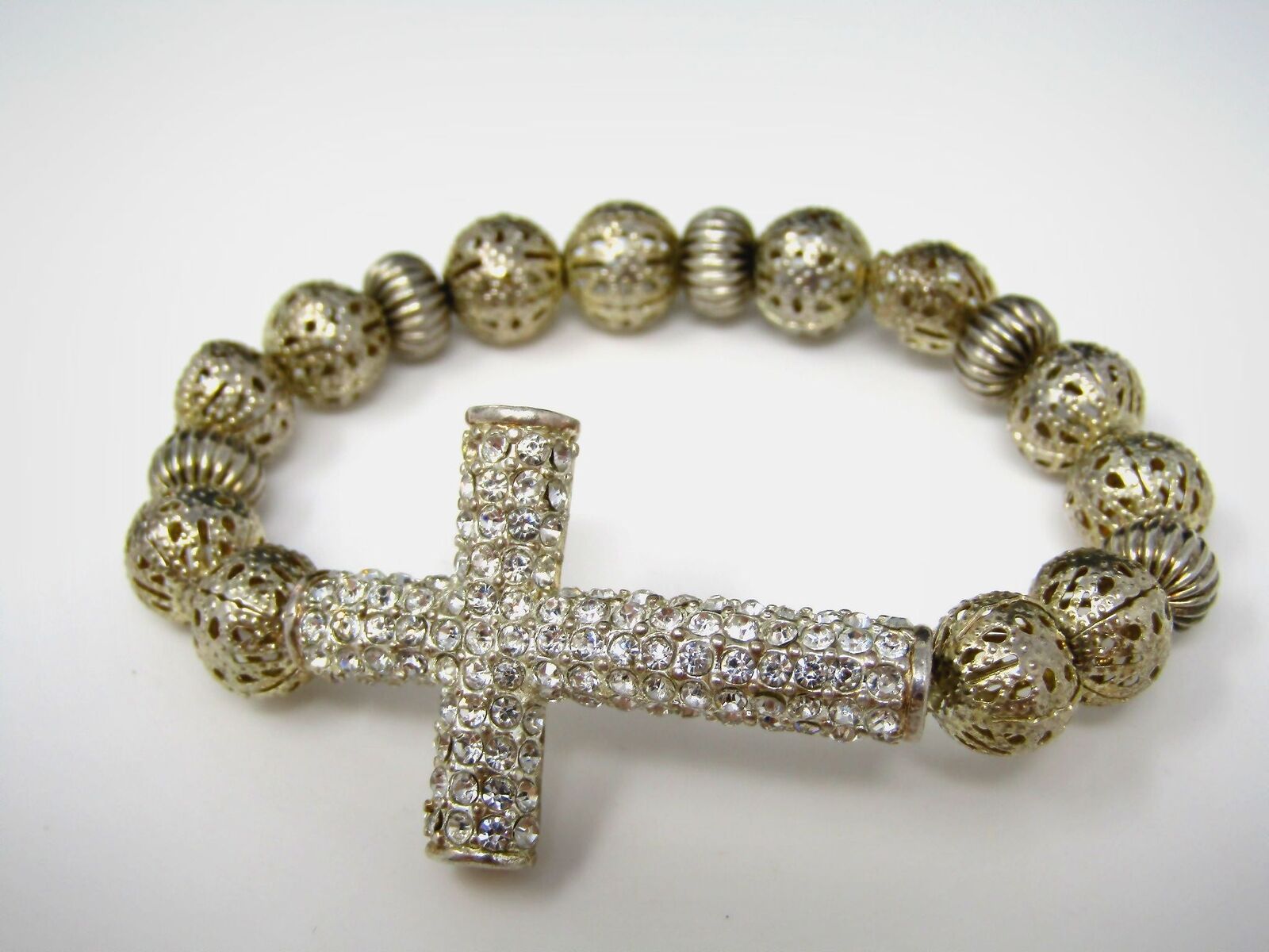 Vintage Christian Bracelet Jewelry: Clear Jewels Cross Silver Tone