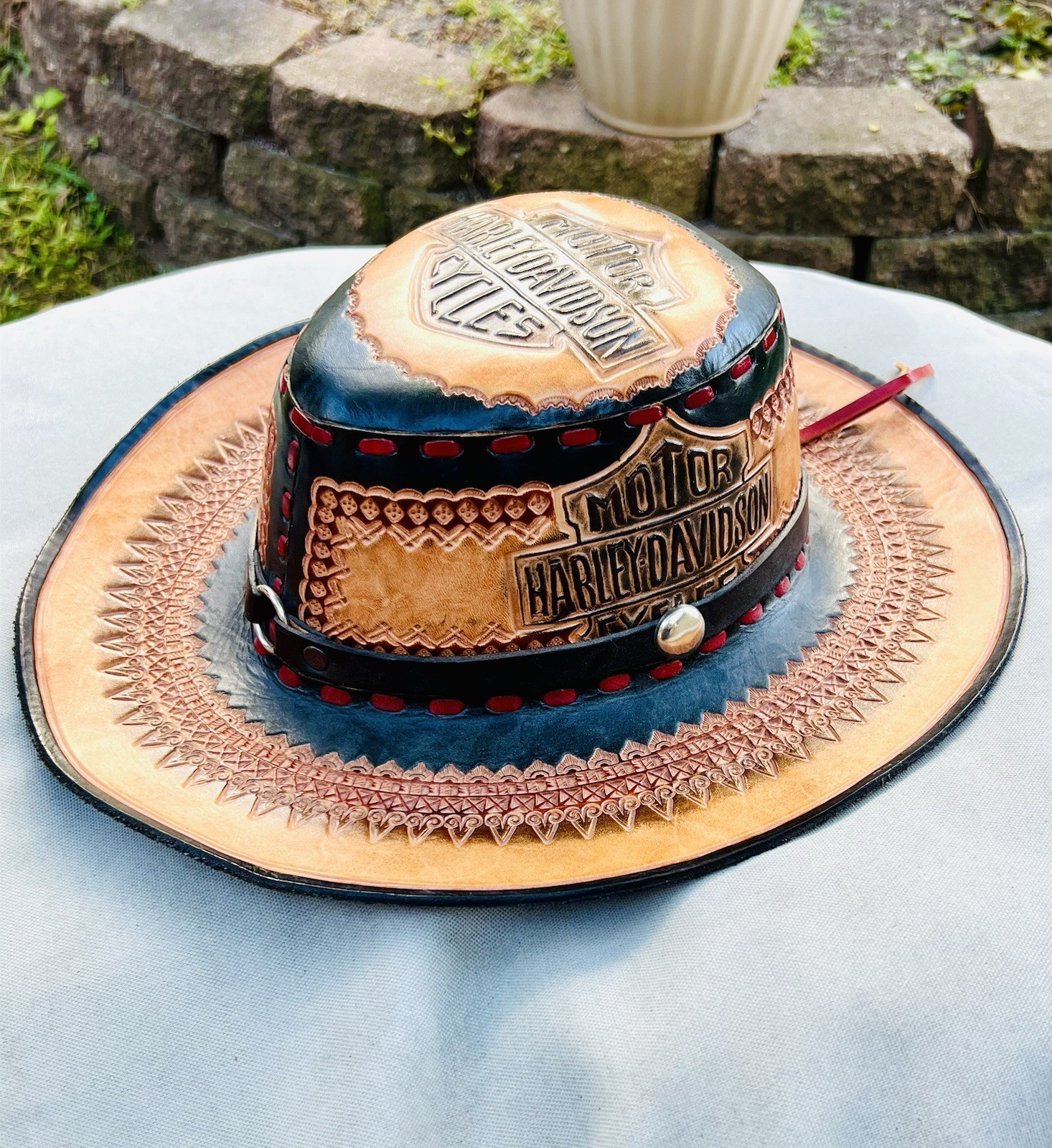 Vintage Harley Davidson Hand Tooled Leather Cowboy Hat/SUPER RARE/Embossed Vintage Harley Davidson Hand Tooled Leather Cowboy Hat/SUPER RARE/Embossed