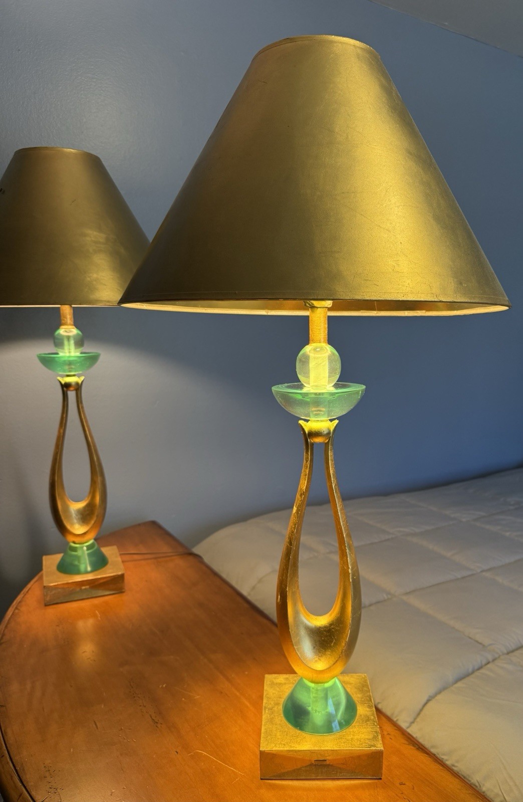 VTG PAIR HIVO VAN TEAL GREEN LUCITE STACK LAMPS MCM GORGEOUS