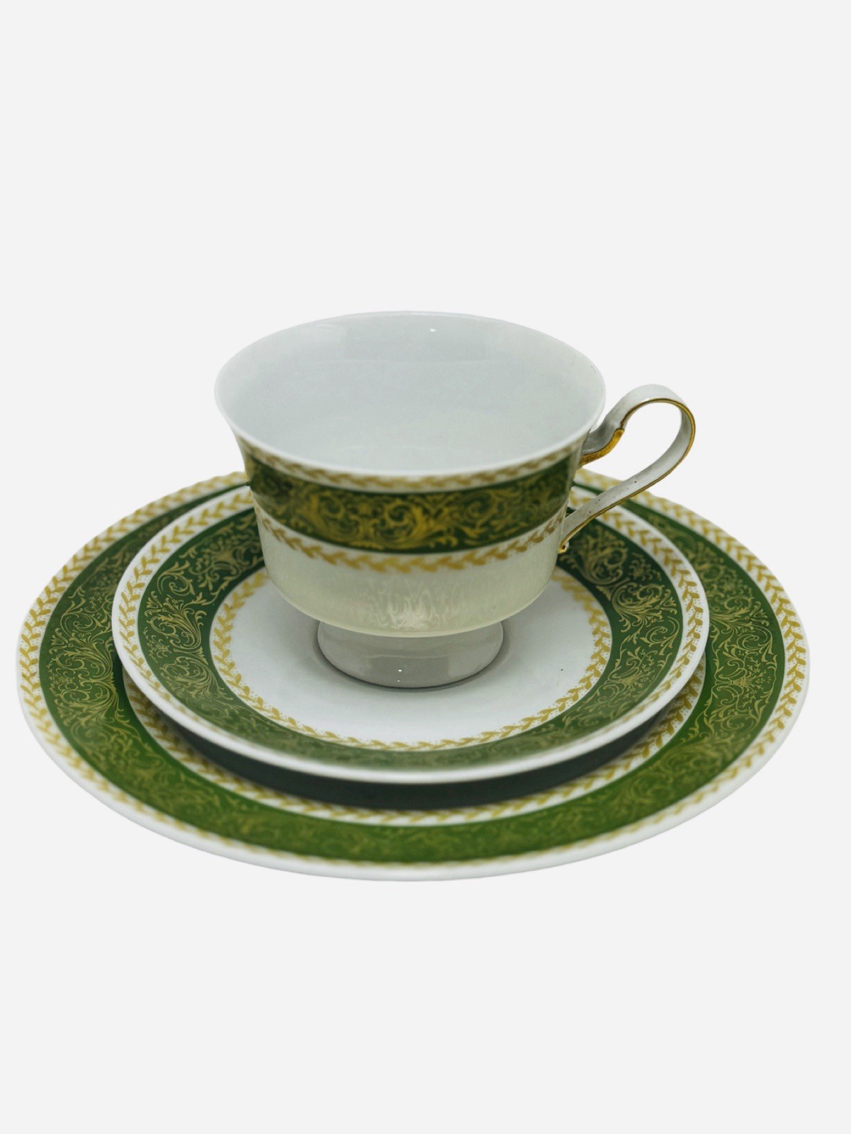 VTG Konigl Tettau 1794 Trio- Tea Cup, Saucer, Plate, Green White Gold Porcelain
