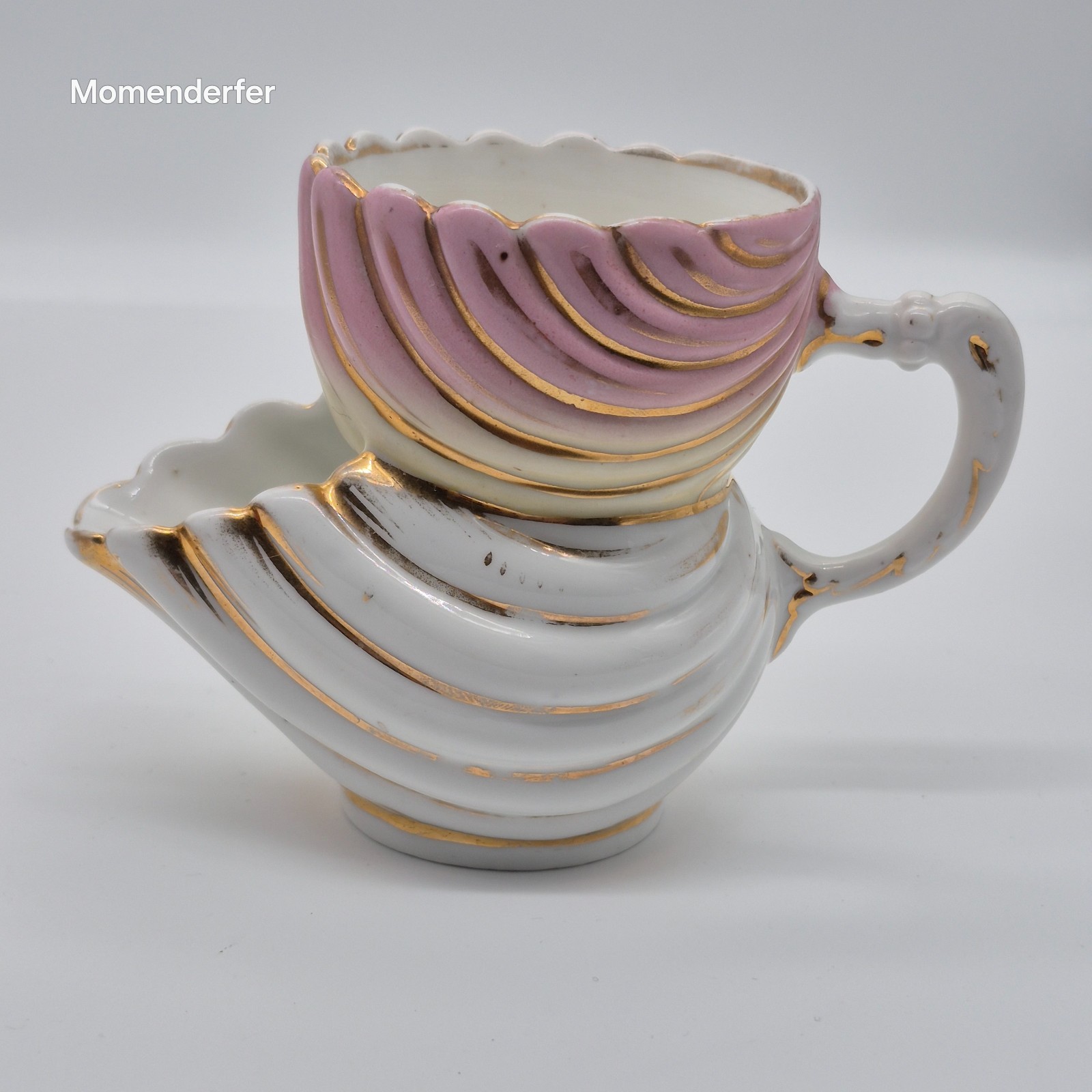 Antique German Porcelain Shell Scuttle Shaving Mug Pink Ombre Gold Gilt c1900