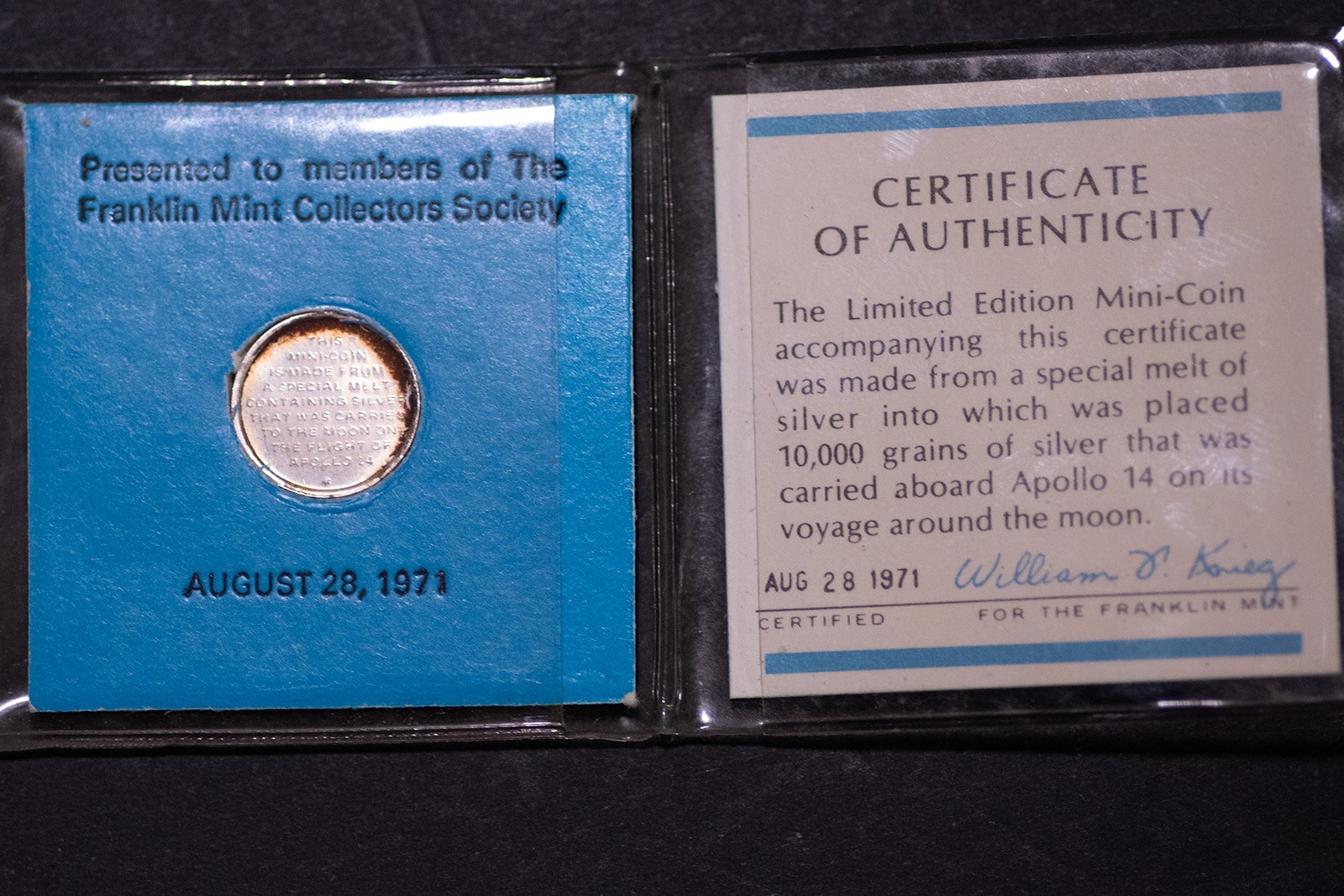 Apollo 14 Flown to Moon Silver Mini Coin 1971 Franklin Mint Complete Flip COA