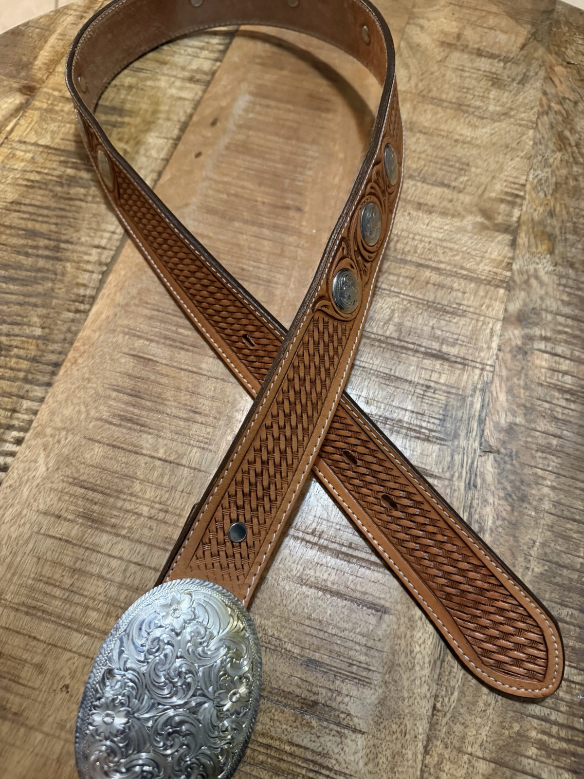 Vintage Montana Silversmiths Silver Plate Buckle Tooled Leather Belt 36” Western
