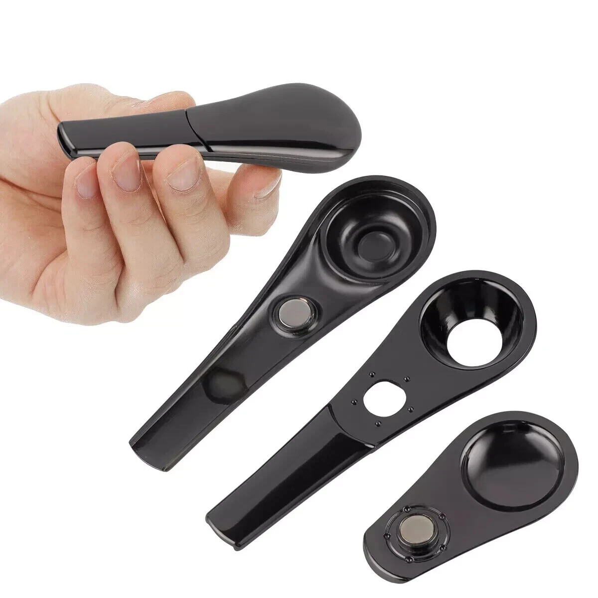 Portable Smoking Pipe Magnetic Metal Spoon Black With Gift Box for Men Gift 1pc