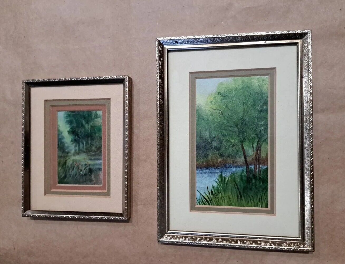 Pair Of Small Framed Paintings 1970s By Sue Marcello Louisiana Landscape Vintage