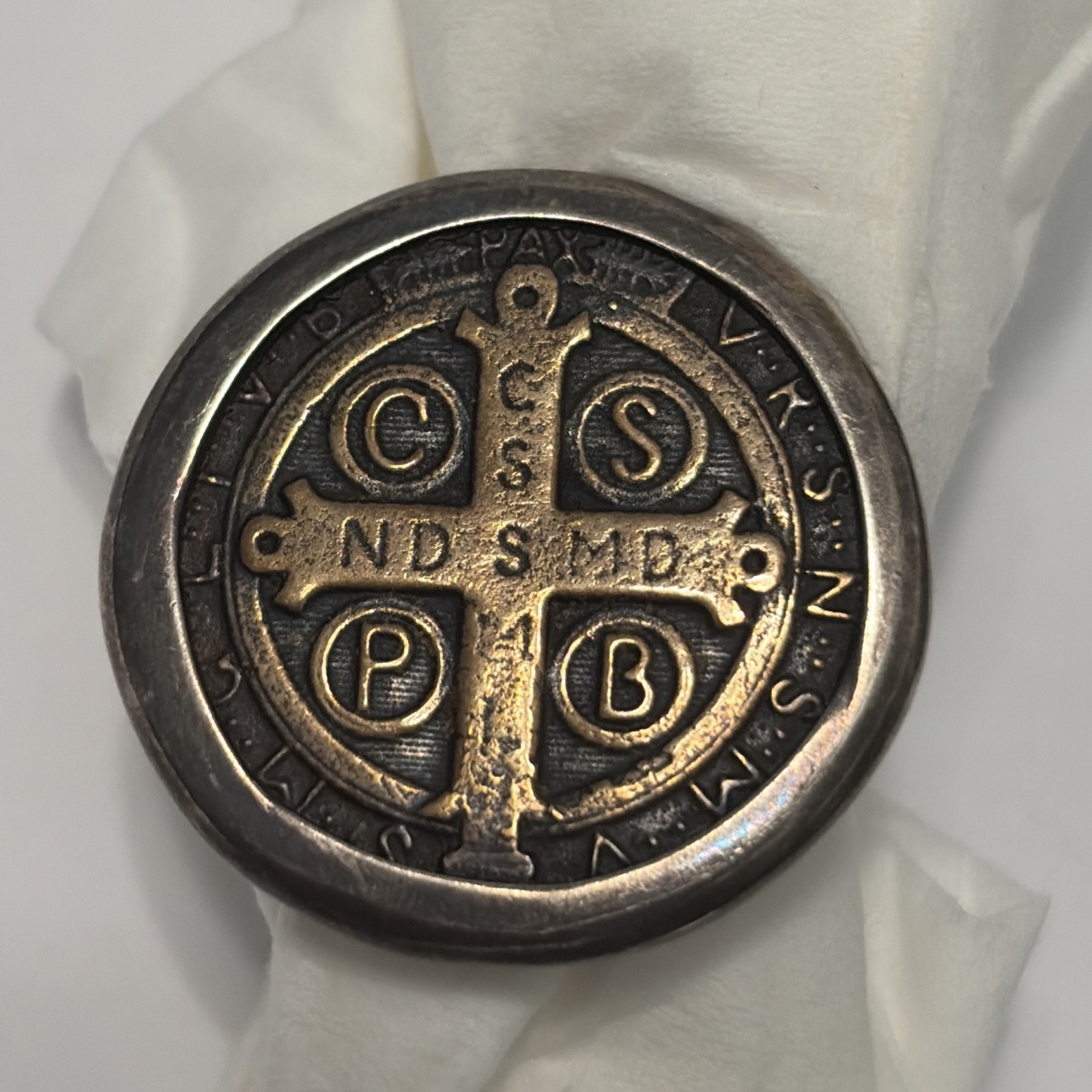 Vintage 925 Sterling Silver Saint Benedict Cross Medal Ring