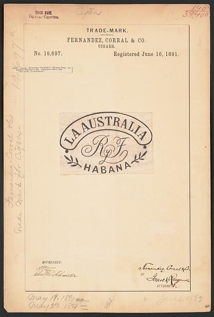 Photo:Havana Cuba 1891 La Australia Cigar Trademark Fernandez Corral Co