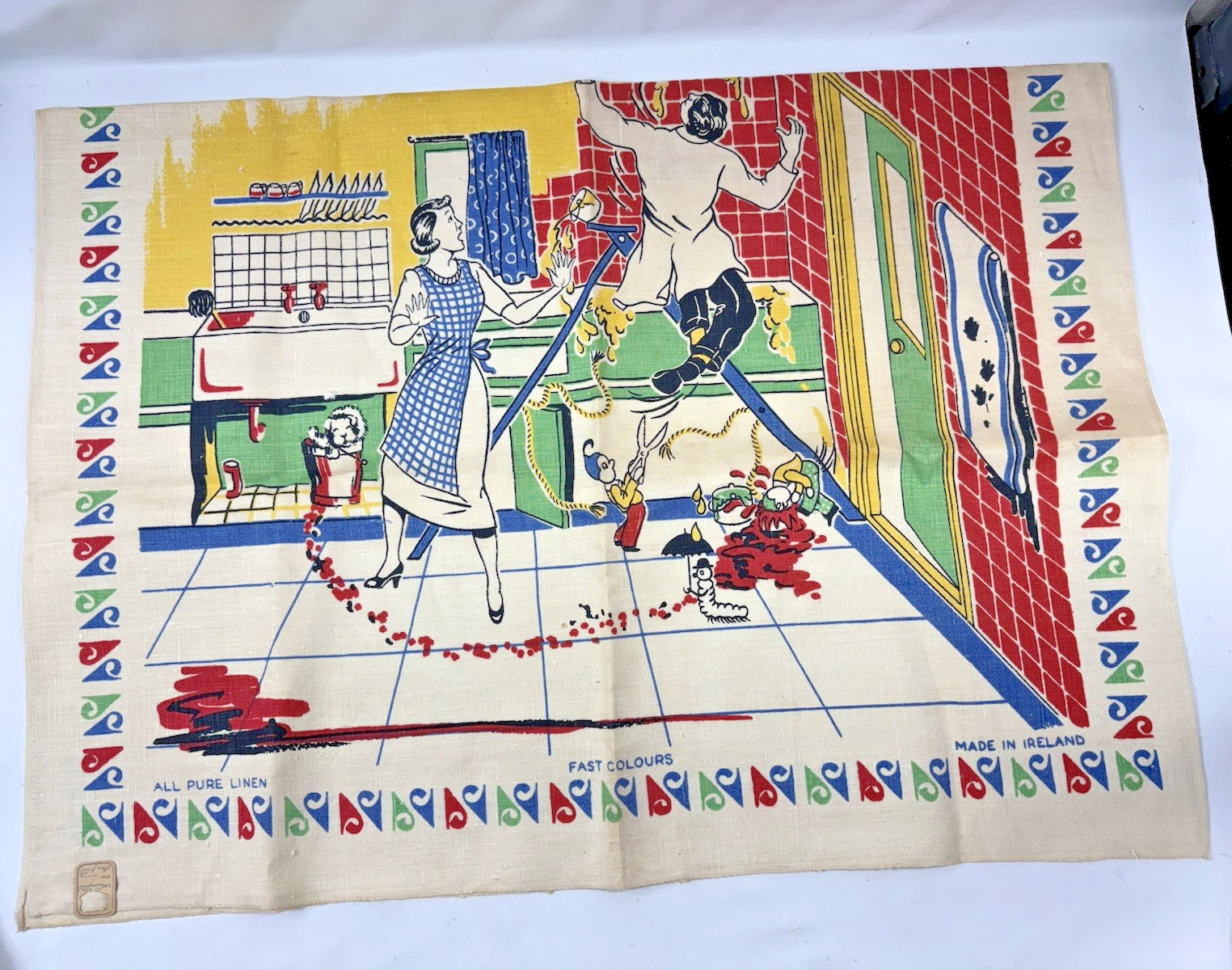 VTG 50s 60s Linen Dish Tea Towel Kitsch Mid Century MCM