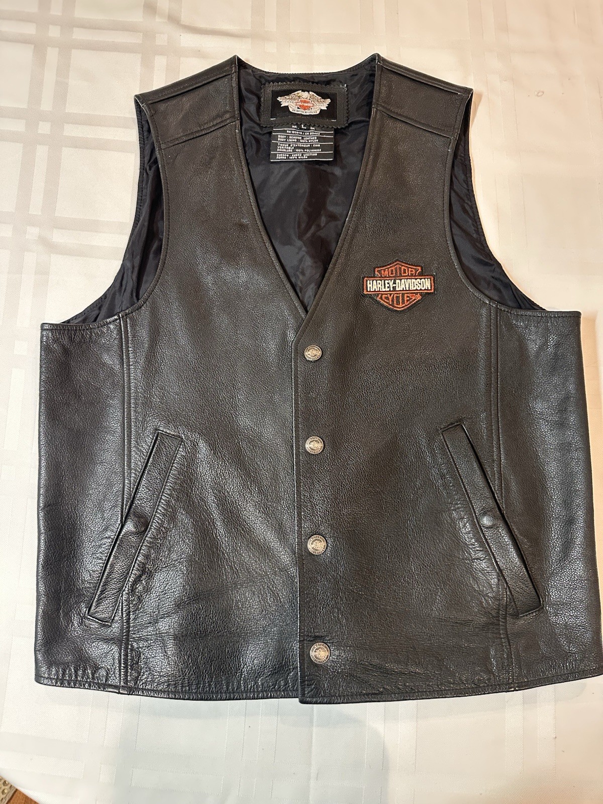 • Vintage 2005 Harley Davidson Leather Vest Mens Large L Black SnapClosure Clean