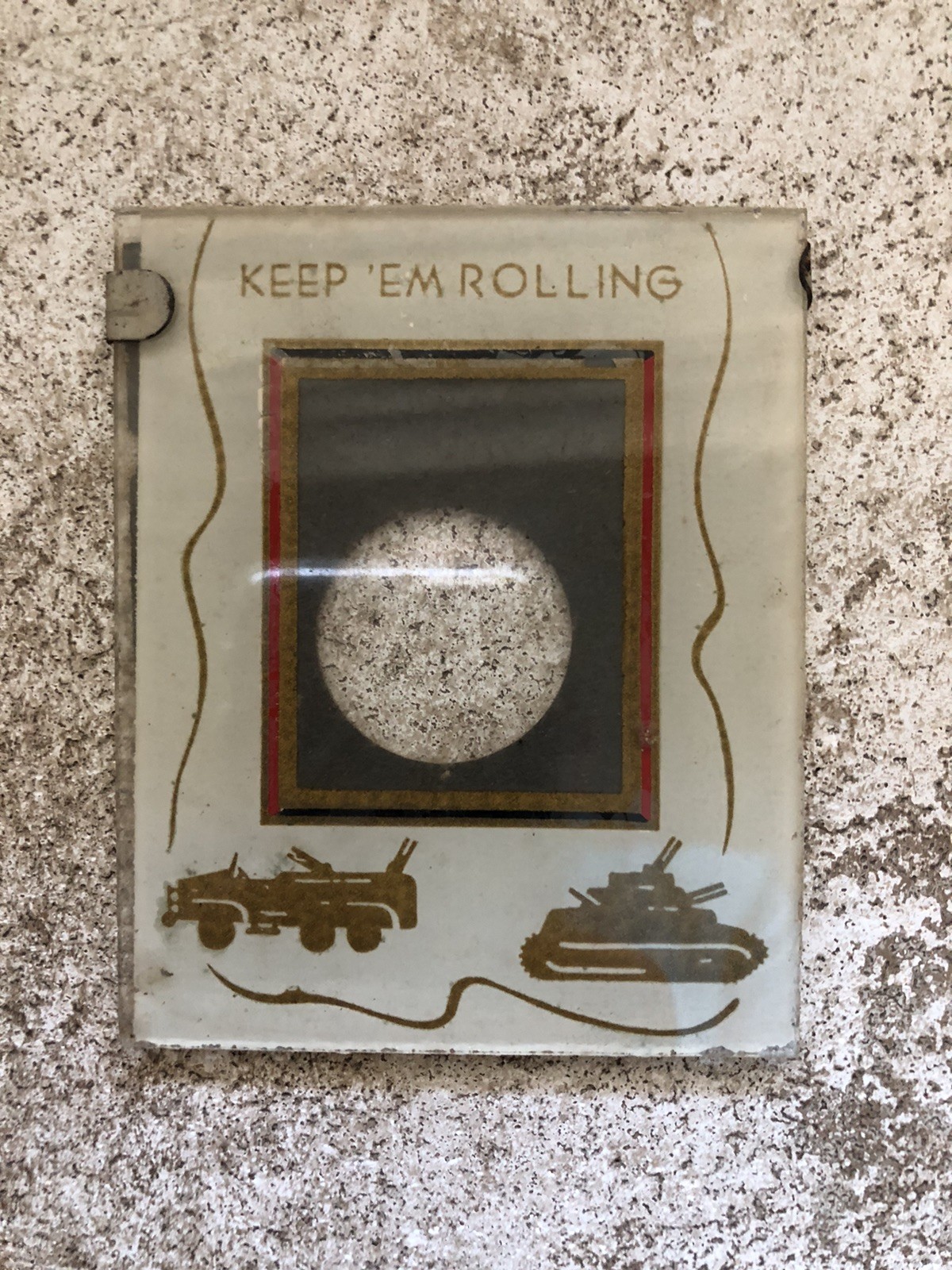 Vintage WWII Reverse Painted Glass Keepsake Coin Holder “Keep ‘em Rolling”