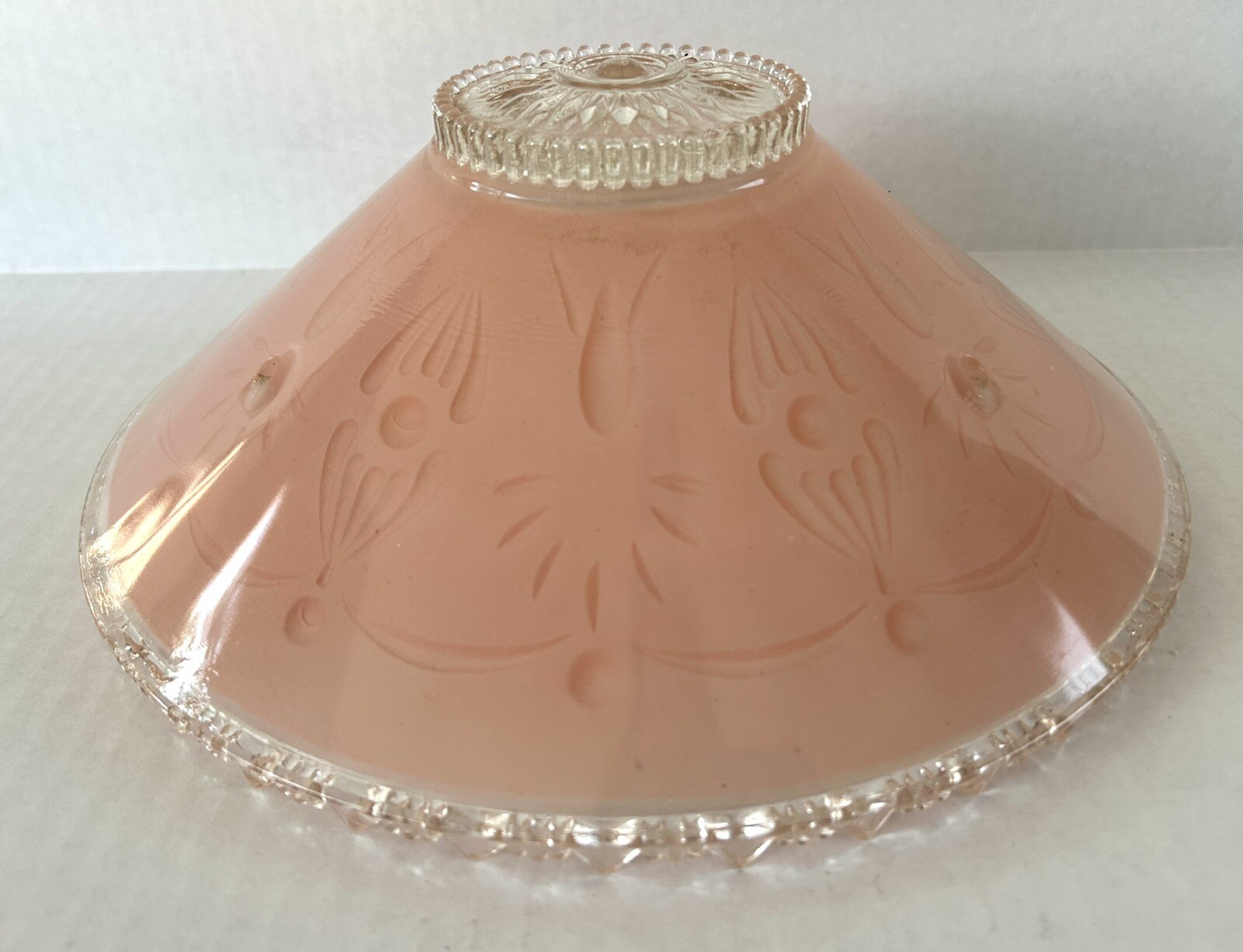 Antique Flush Mount Glass Lamp Shade Pink & Clear Embossed Design Art Deco