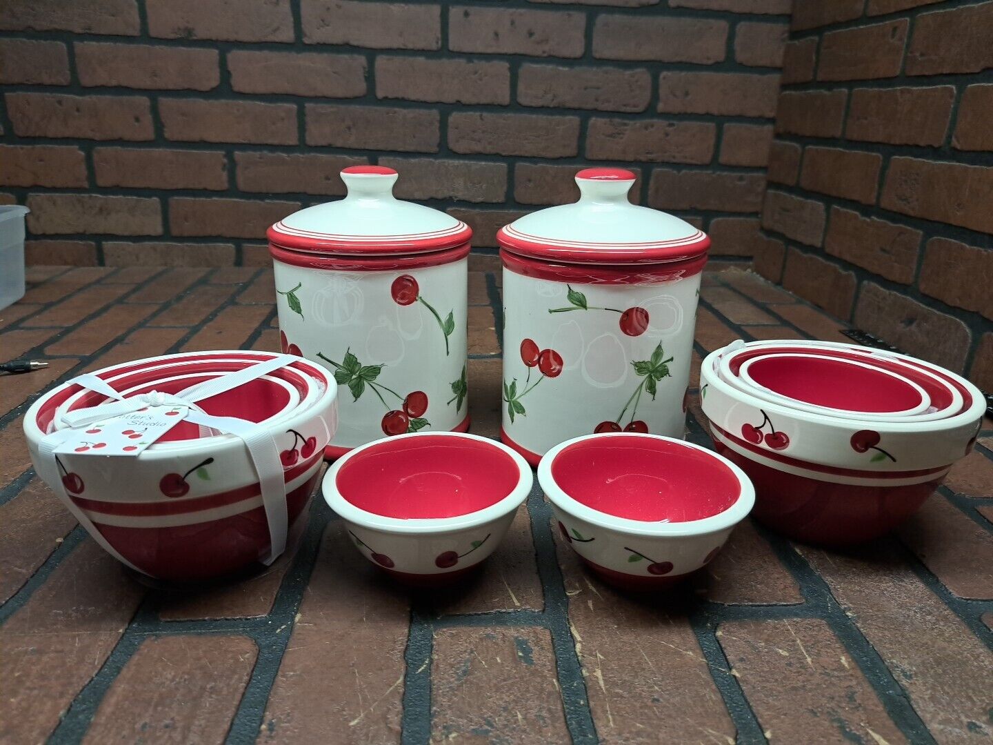 Potter's Studio Red & White Cherry Ceramic Kitchen Set Mixing Bowl Flour Pot