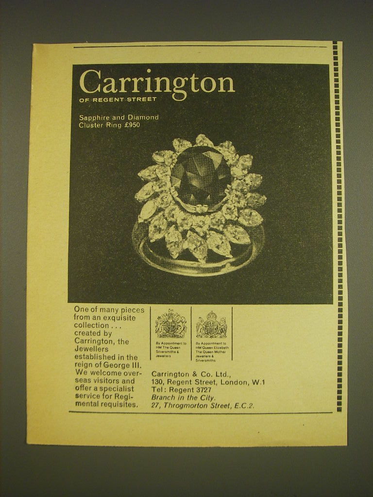1963 Carrington Jewellers Sapphire and Diamond Cluster Ring Advertisement