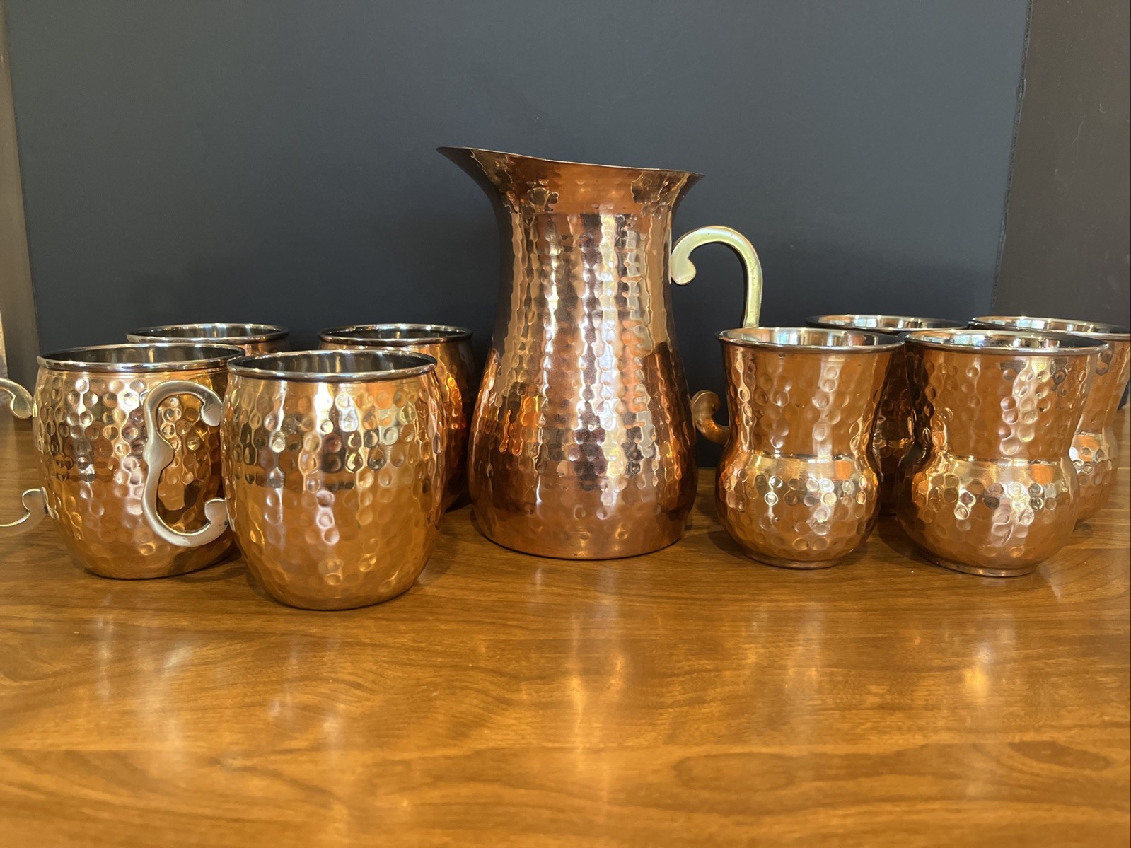 Vintage Hammered Copper Pitcher & 6 Mug Set Water Jug Moscow Mule Barware 7pc