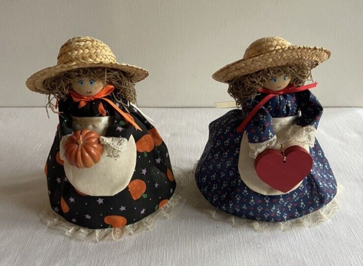 2 Vtg Handmade Air Freshener Cover Doll Halloween Fall Heart Kitsch Cottage Core