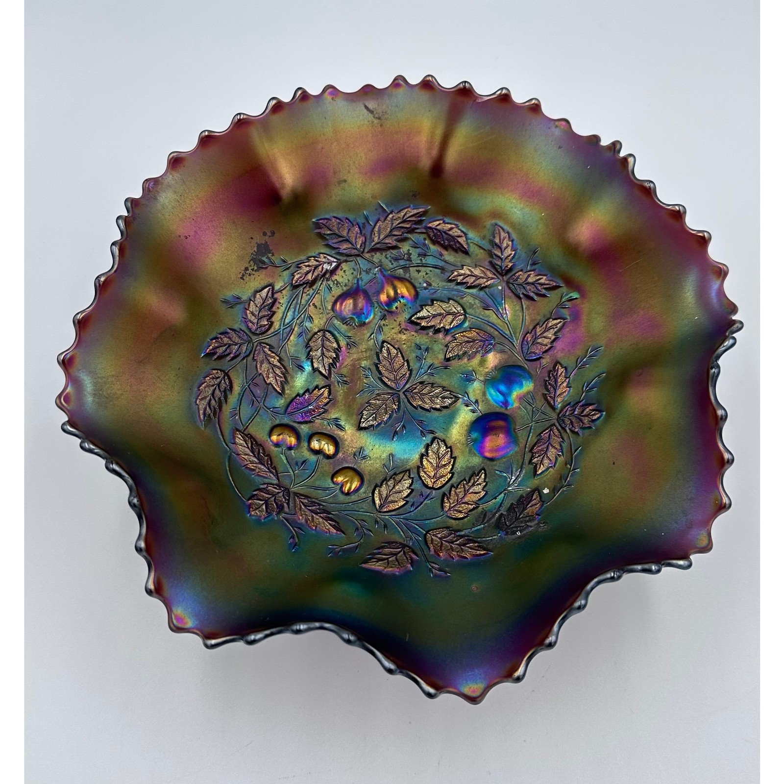 Carnival Glass Northwood Three Fruits Medallion Amethyst Footed Bowl