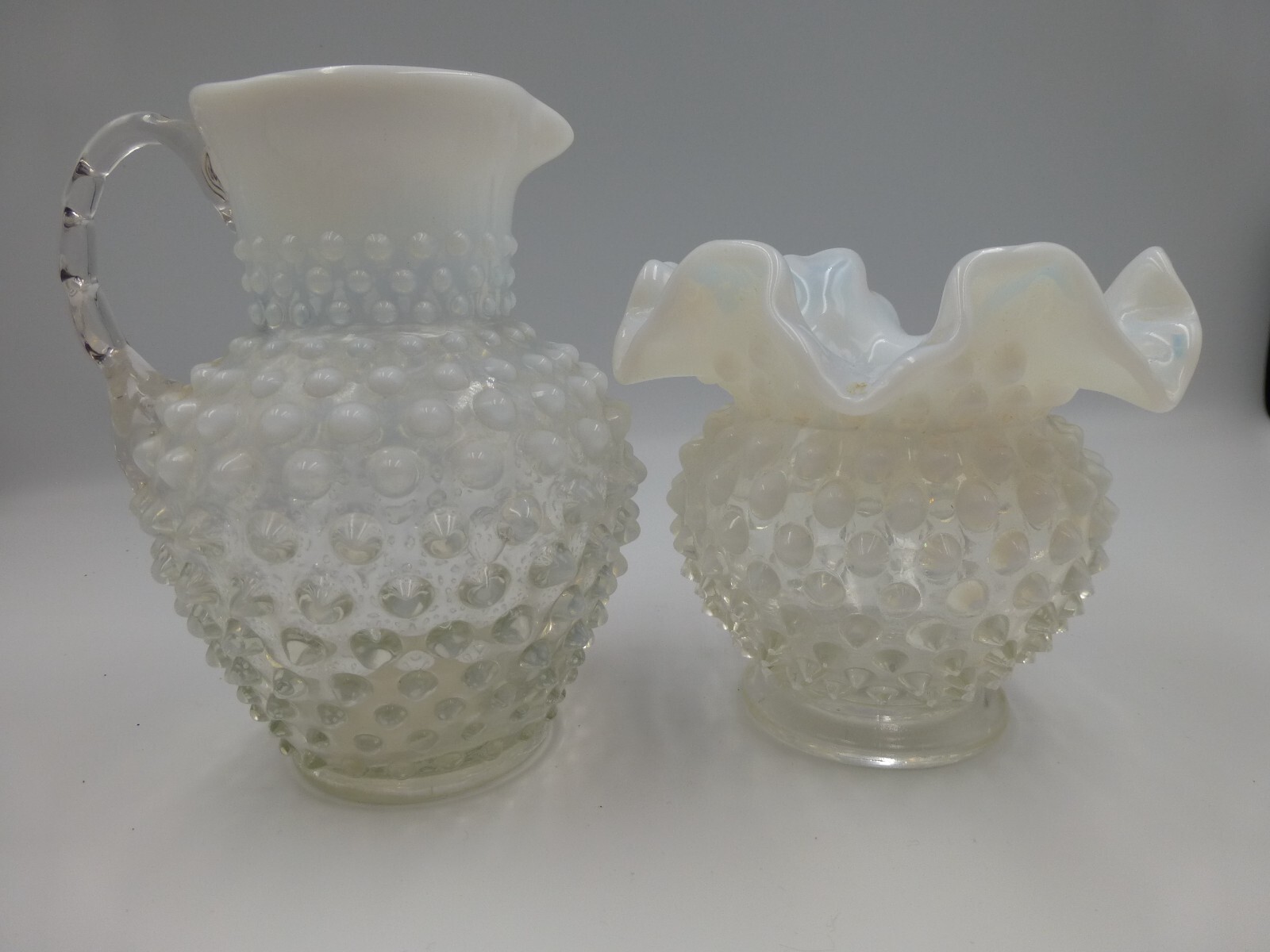 Fenton Opalescent Glass Hobnail Pitcher and Vase Fenton Opalescent Glass Hobnail Pitcher and Vase