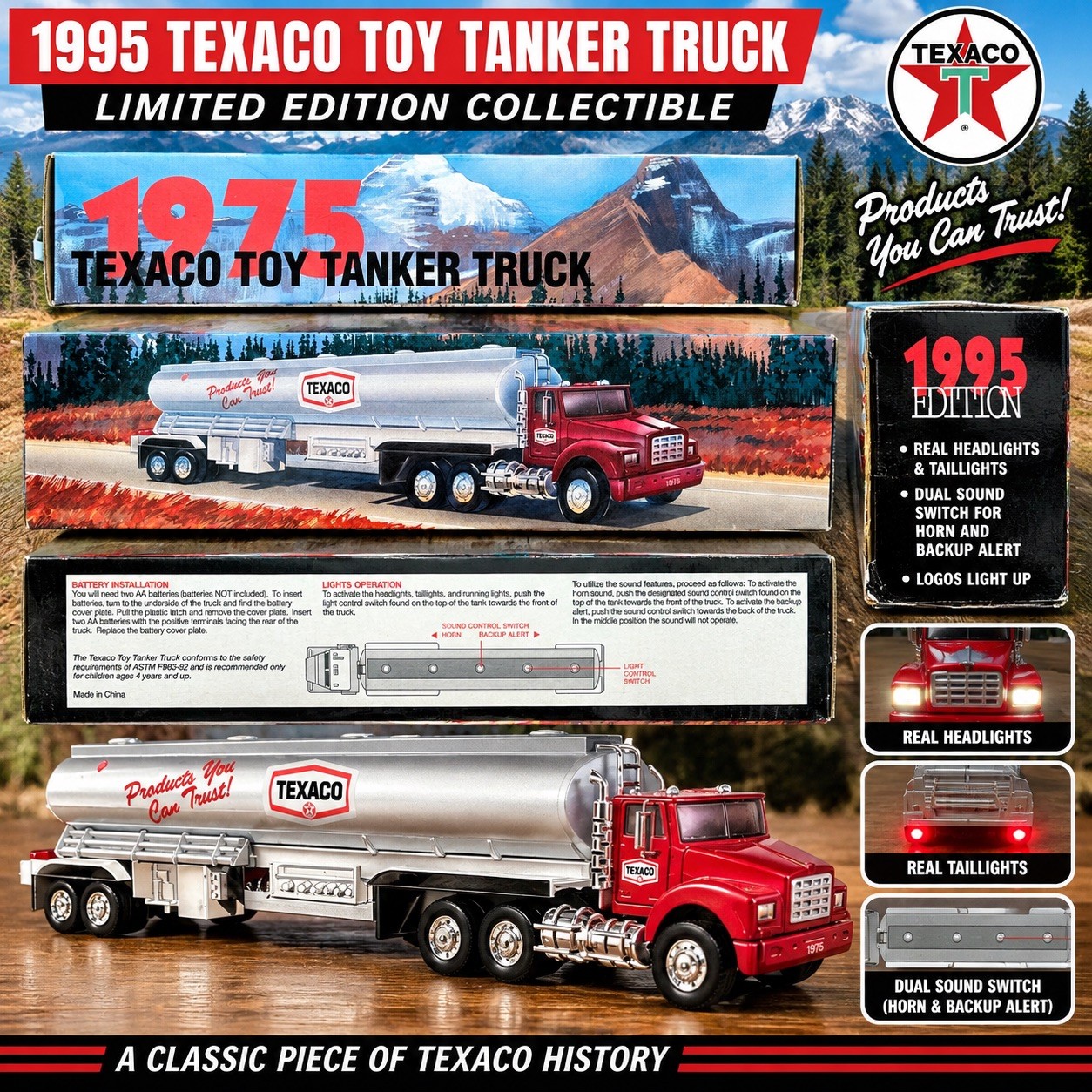 1995 Texaco 1975 Toy Tanker Truck Lights Sound Original Box Vintage 15”