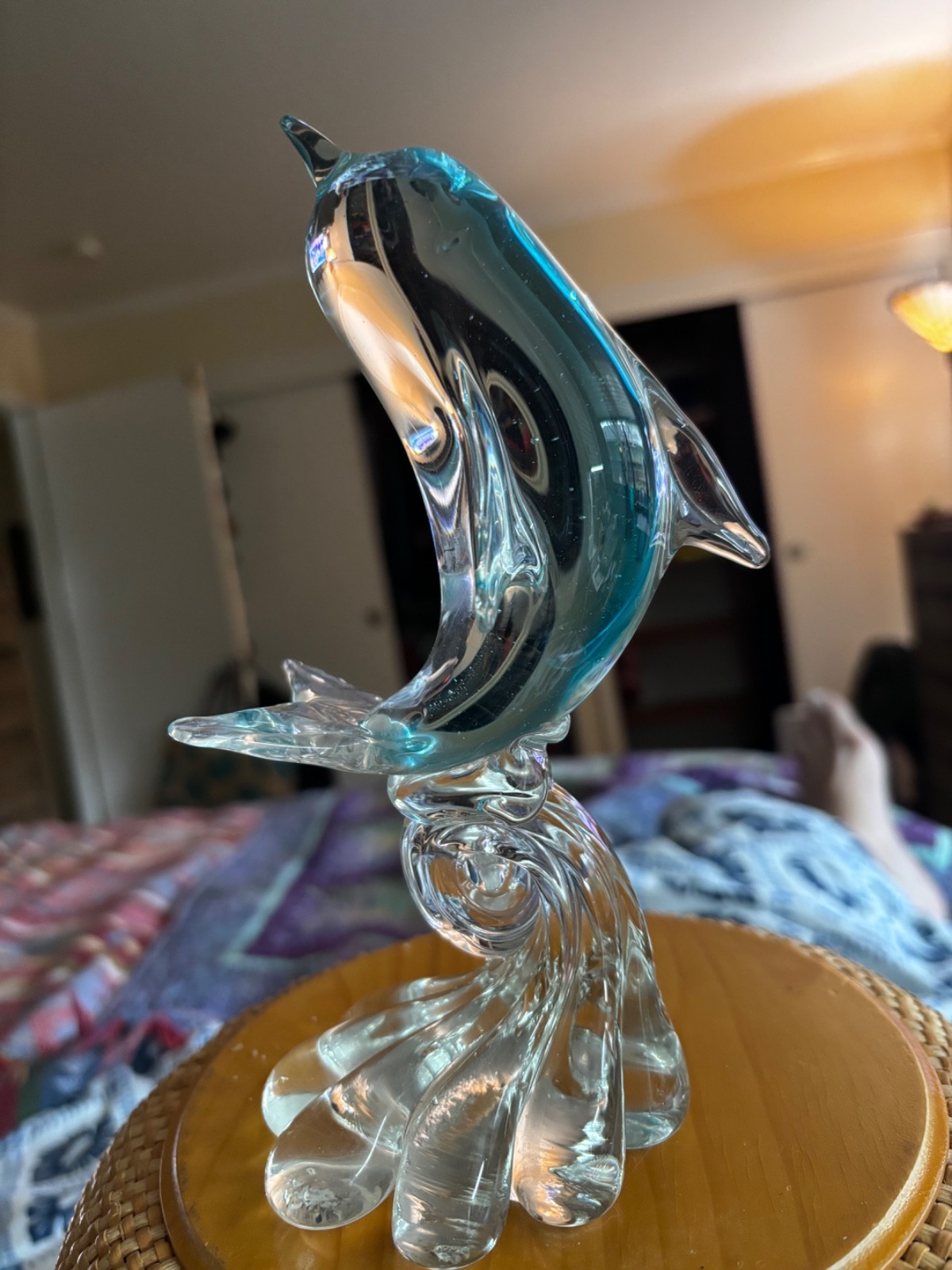 Vintage Dolphin 80\'s Fish Glass Sculpture Art Collectable Blue Figurine Décor