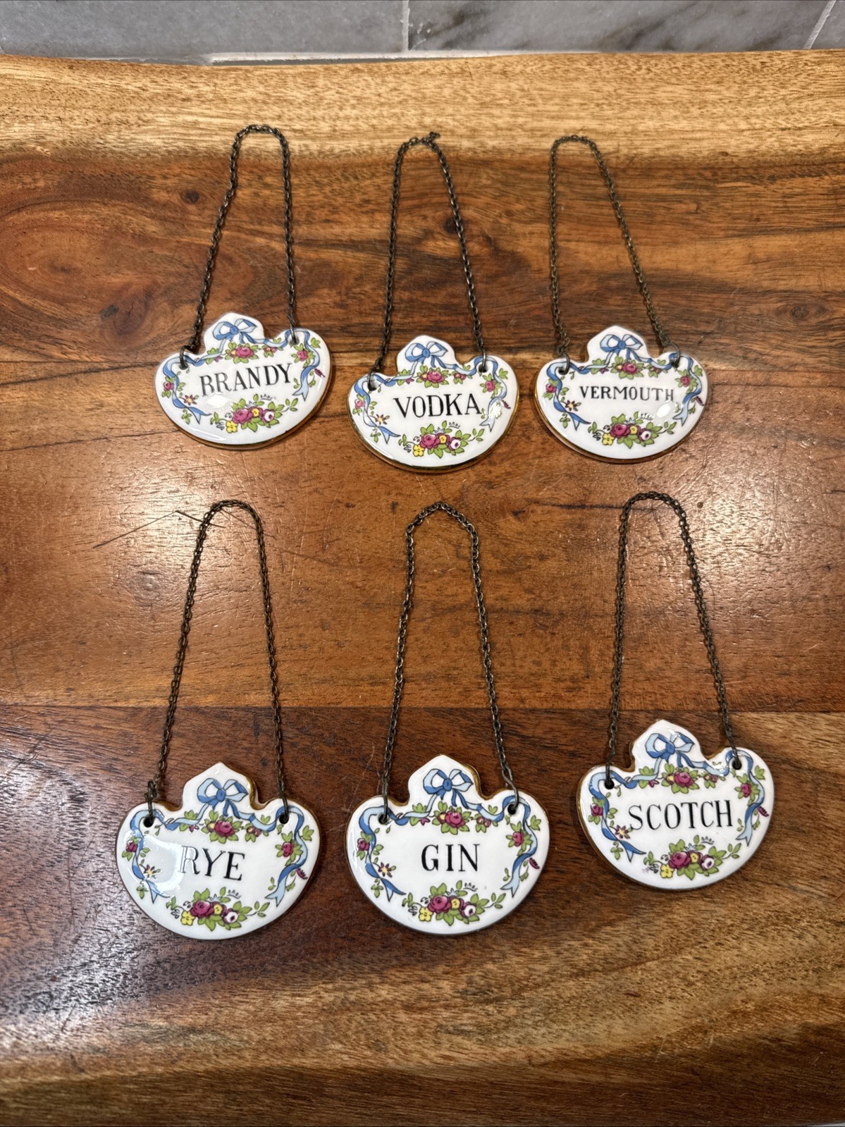 Vintage Lot Of 6 Crown Staffordshire Bone China Liquor Bottle Tags Vintage Lot Of 6 Crown Staffordshire Bone China Liquor Bottle Tags