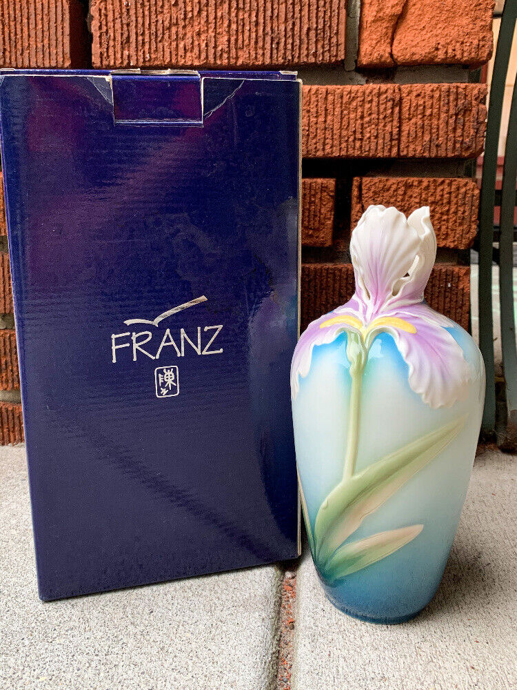 Rare Estate Franz Sculpted Iris Flower 3D Design Porcelain Vase w Box Majolica