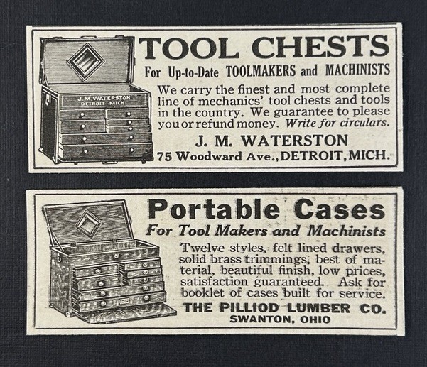 1919 Two Original Small Print Advertisements for Pilliod & Waterston Tool Chests
