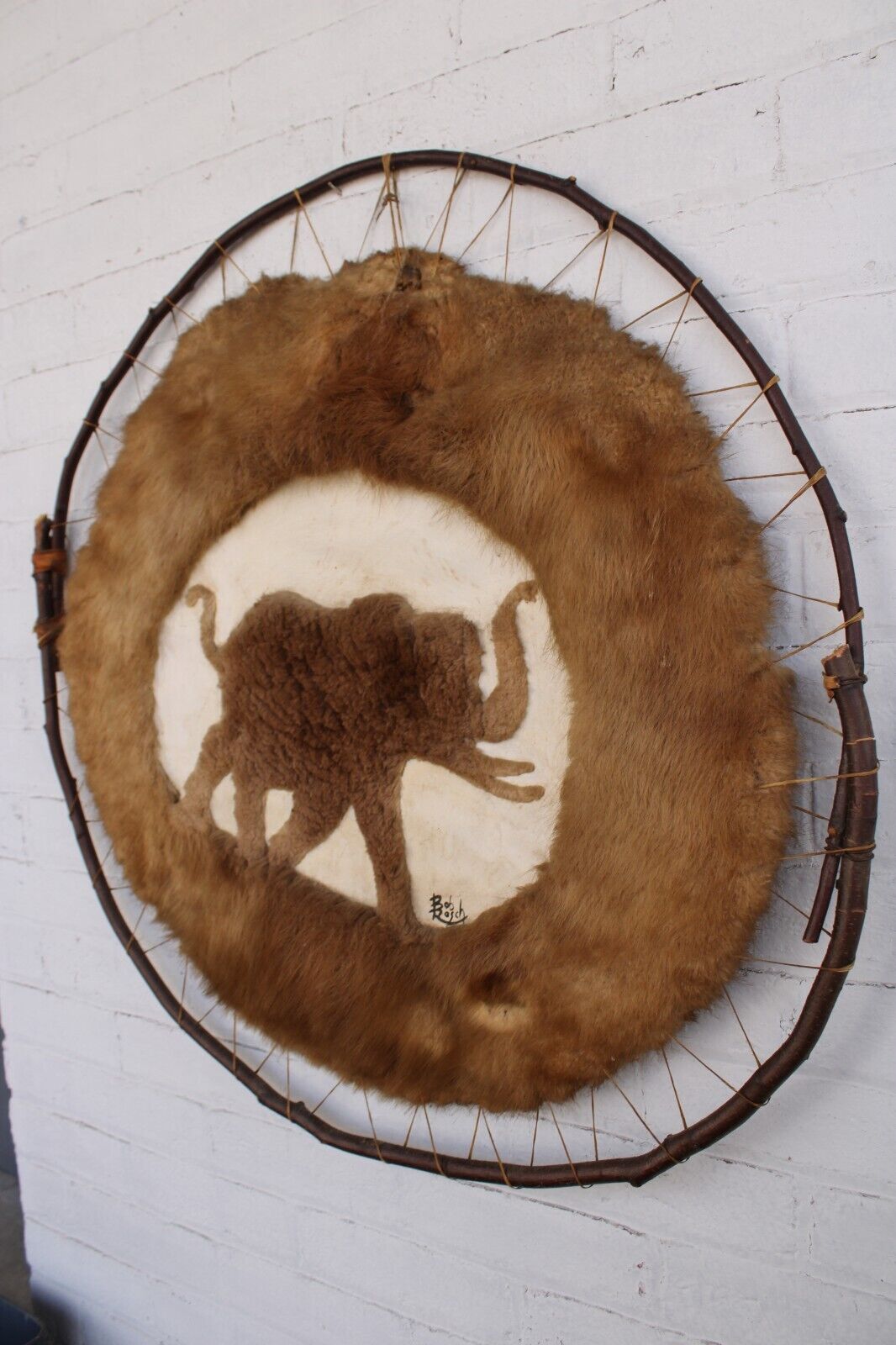 Vintage Hoop Beaver/skin Elephant Lg. Wall Art hand made Nice