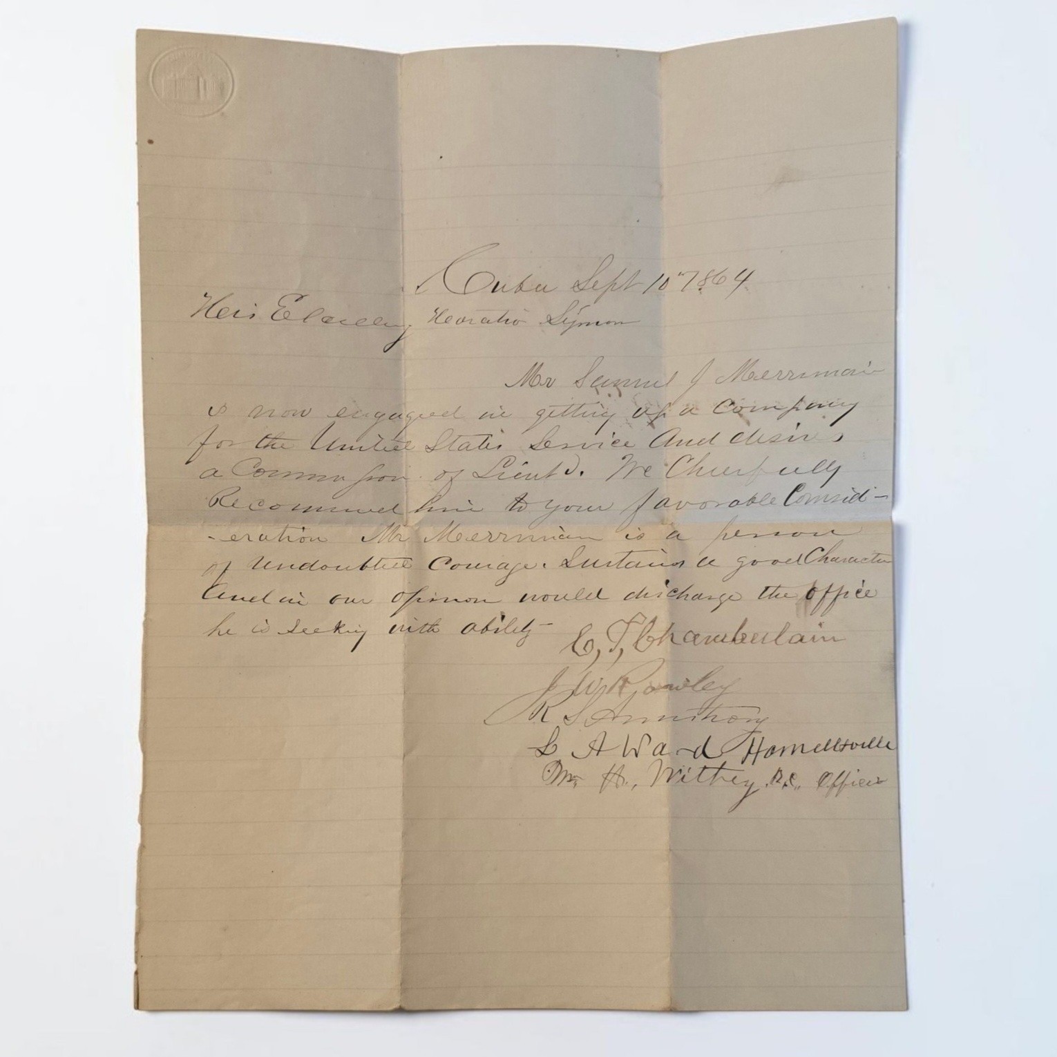 Antique 1864 Civil War Lieut. Recommendation Letter to NY Gov Horatio Seymour Antique 1864 Civil War Lieut. Recommendation Letter to NY Gov Horatio Seymour