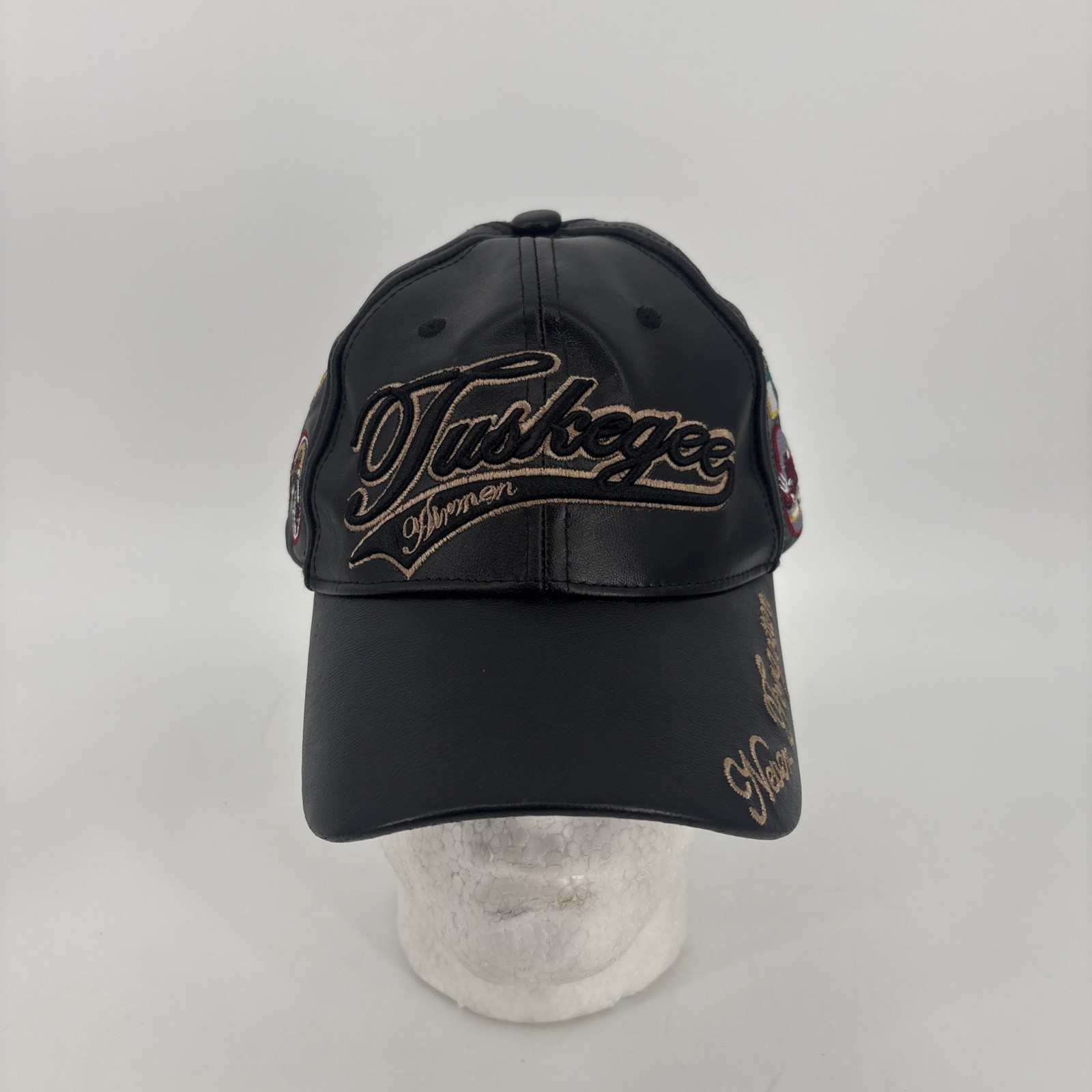 VTG TUSKEGEE Airman Leather Baseball Cap Hat Black  Never Forgotten 1941 Patches