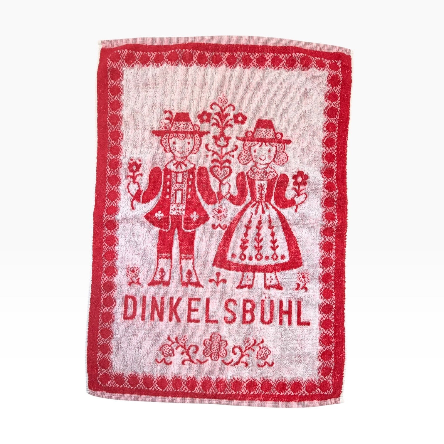 Vintage Dinkelsbuhl Germany Hand Towel, Red White Folk Couple Souvenir 1970s