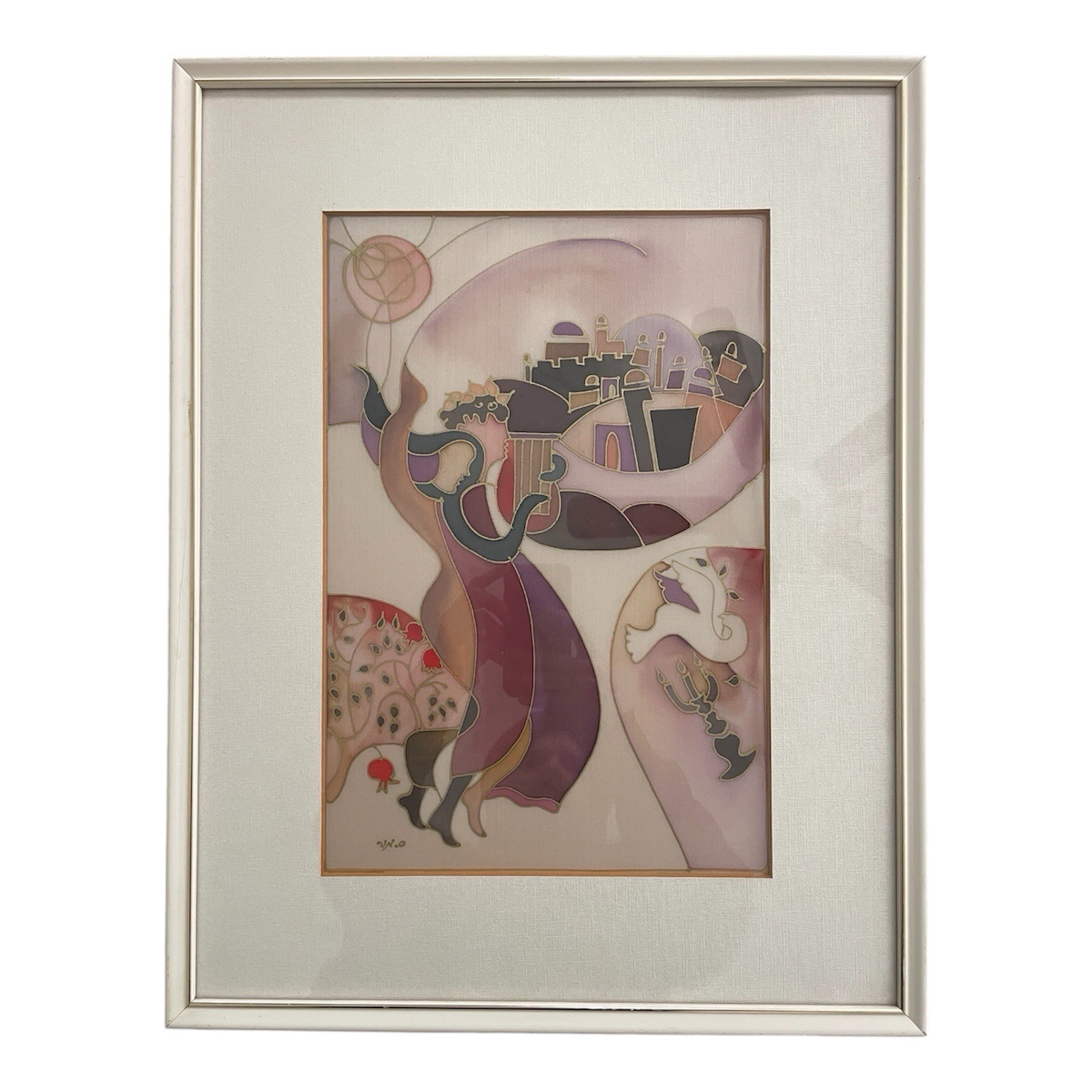 Vintage Hand Painted on Silk Israeli Art Jerusalem Biblical Scene Framed 16x21 Vintage Hand Painted on Silk Israeli Art Jerusalem Biblical Scene Framed 16x21