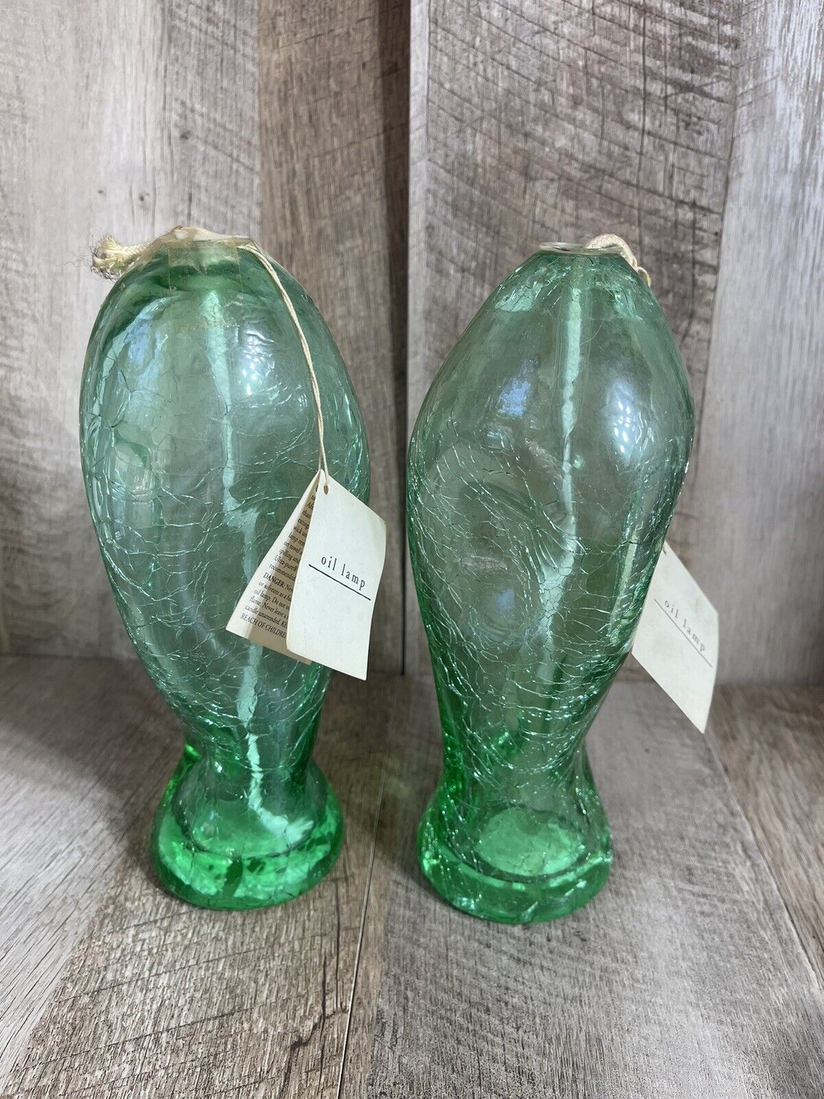 Pier 1 Imports Green Crackle Glass Oil Lamp Pair With Tags